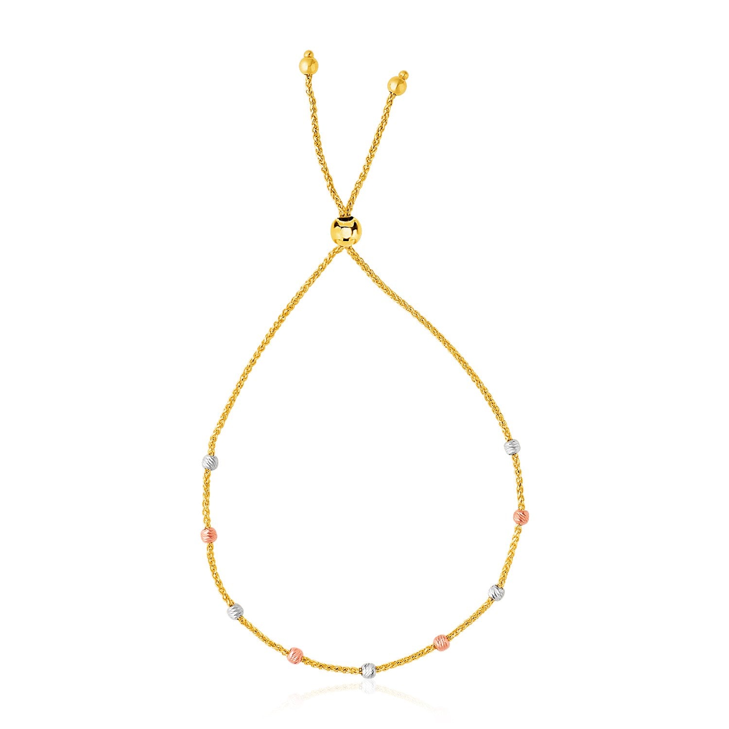 14k tri-color gold textured bead station lariat bracelet.