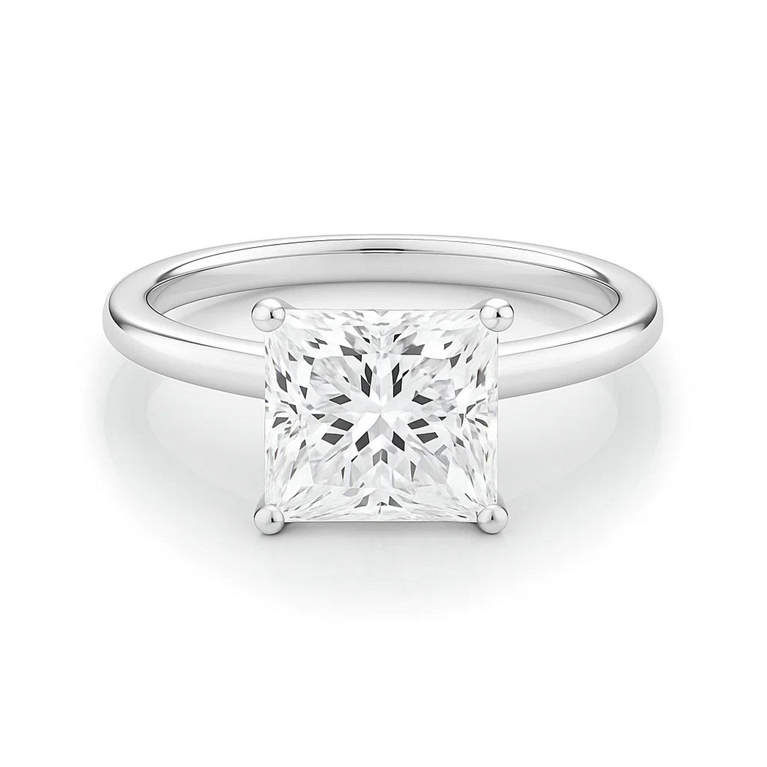 A 3 carat princess lab grown diamond solitaire ring in 10K white gold.