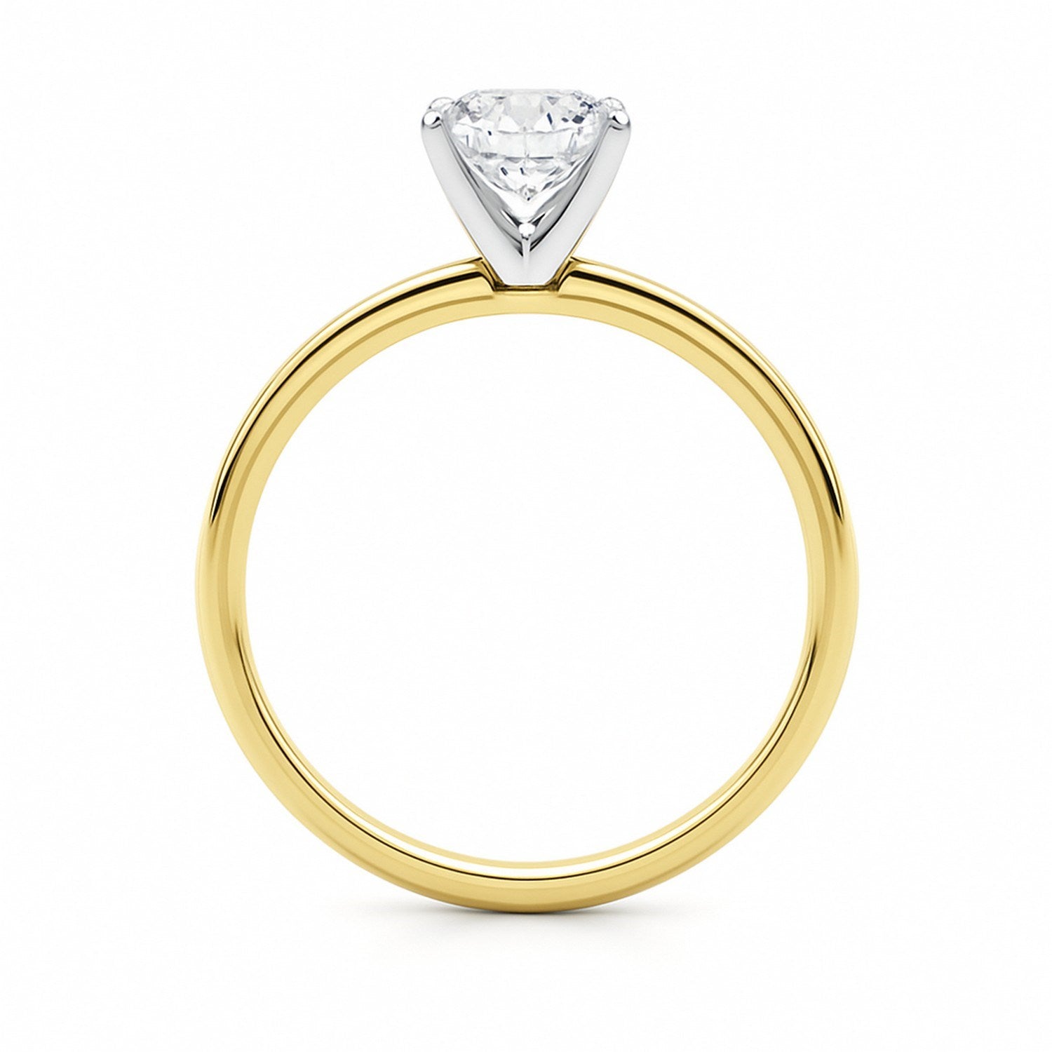 A yellow gold solitaire ring with a cushion lab-grown diamond in white gold prongs.
