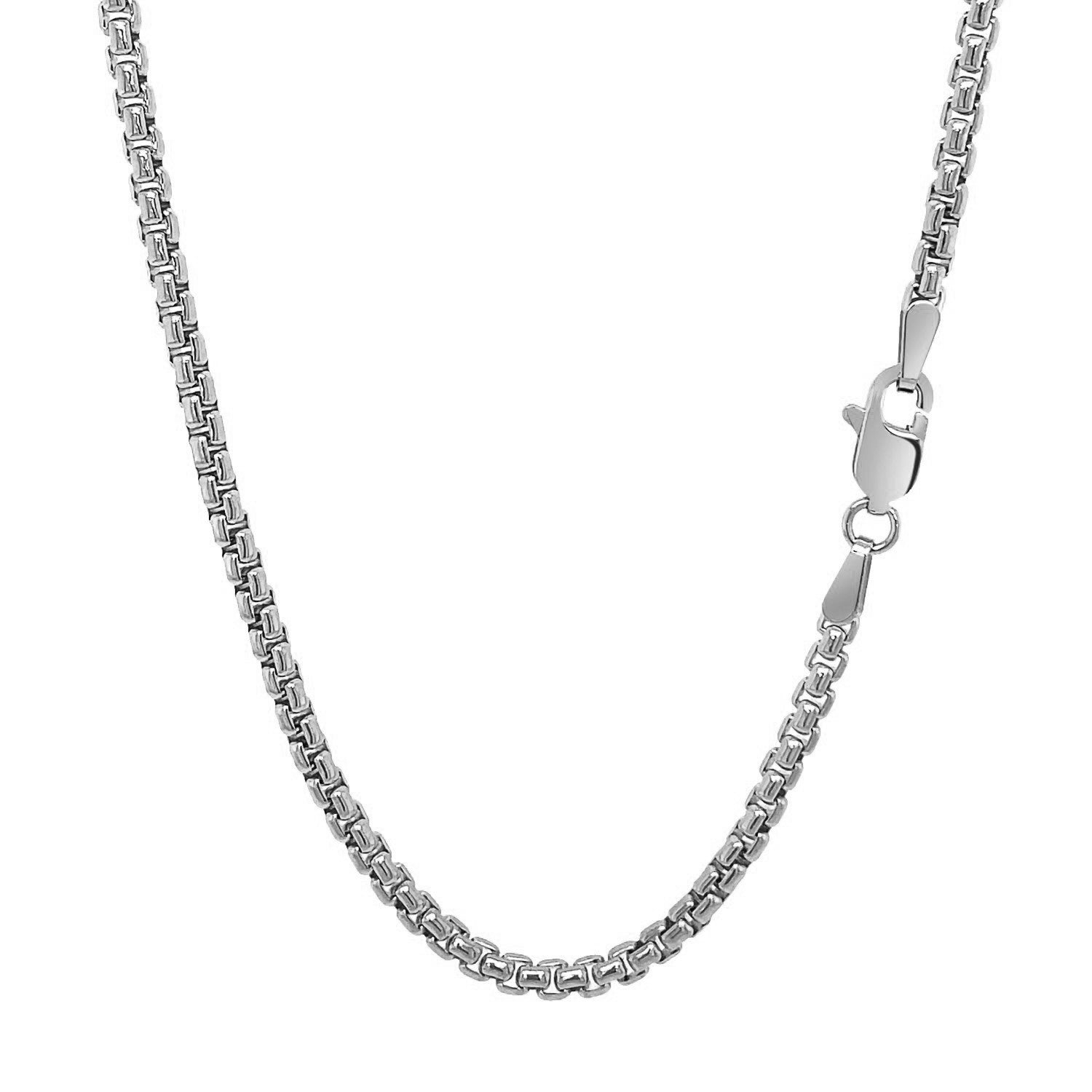 14k white gold solid round box chain with a lobster clasp.