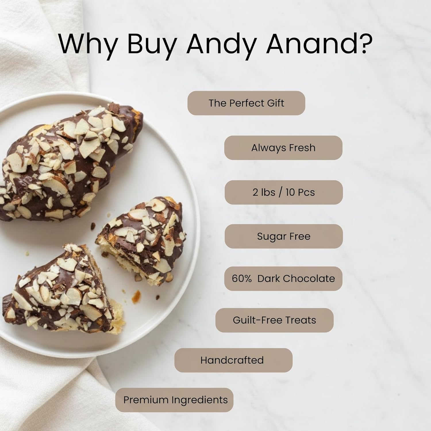 Andy Anand Sugar-Free Dark Chocolate Almond Croissant Cake (10 pc, 2 lbs) | Keto & Diabetic-Friendly | SoCal Bakery