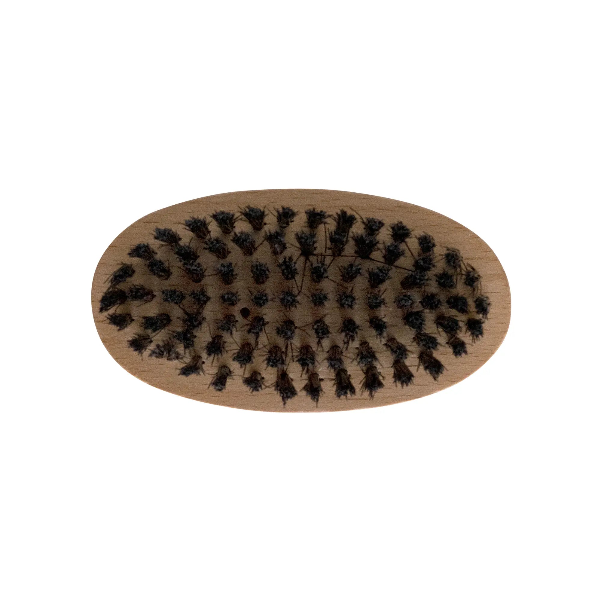 Oval wooden brush with black bristles.