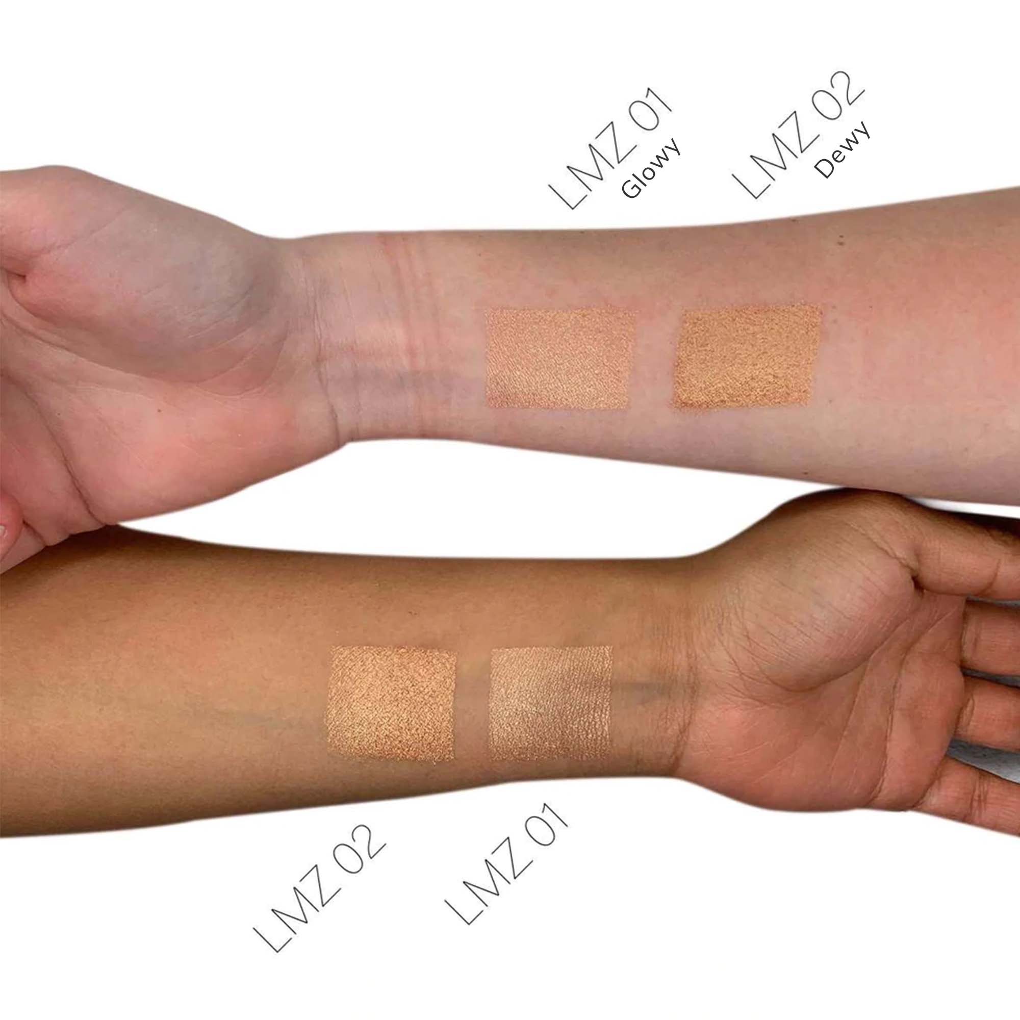 Two arms display swatches of two luminizing powders, LMZ 01 Glowy and LMZ 02 Dewy.