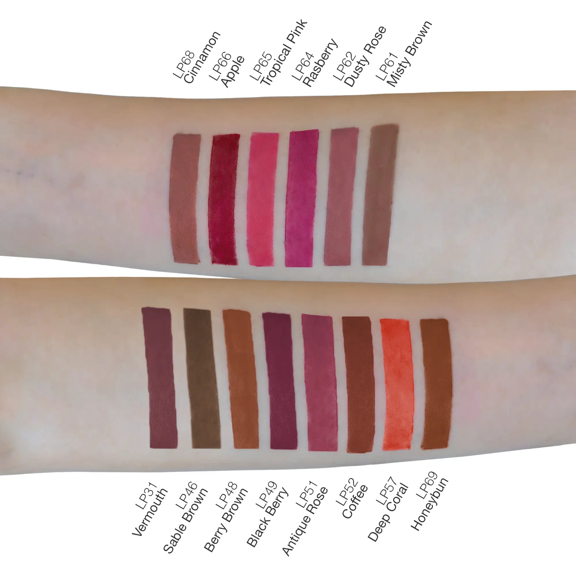 Lip liner swatches on two arms, displaying 16 shades with names and numbers.
