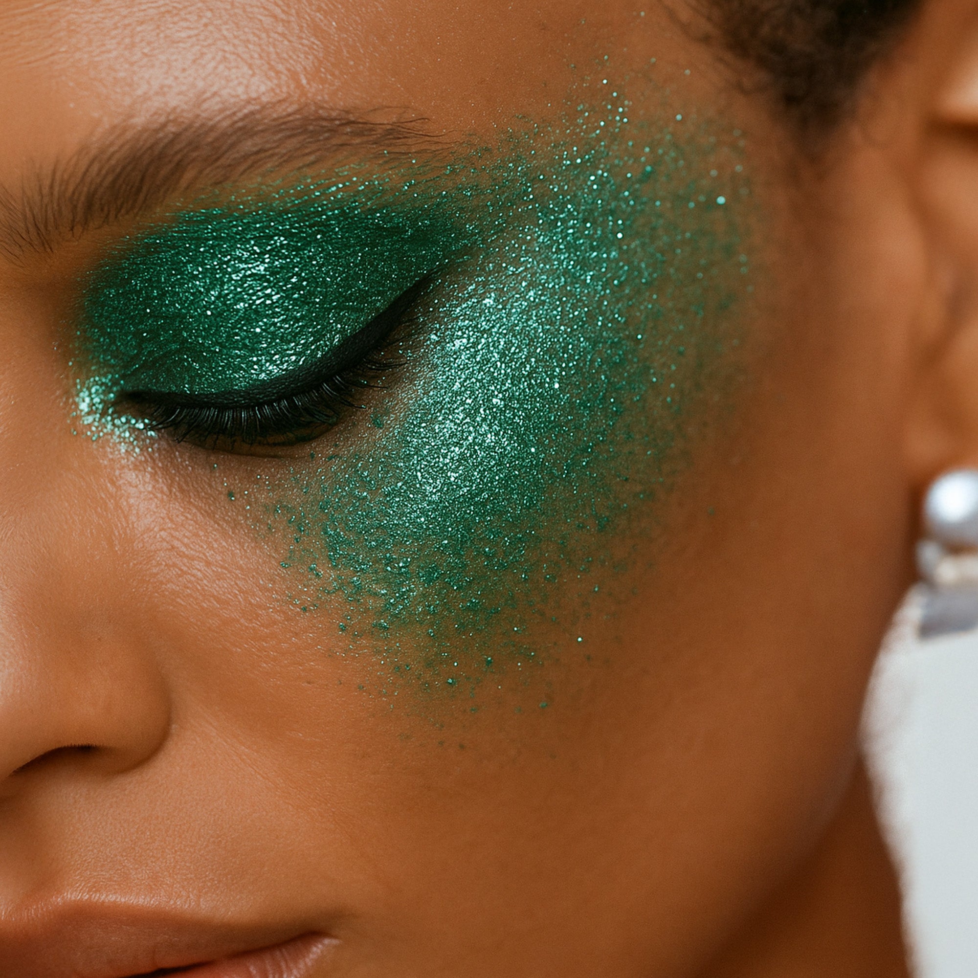 A person's closed eye is adorned with green glitter and black eyeliner.