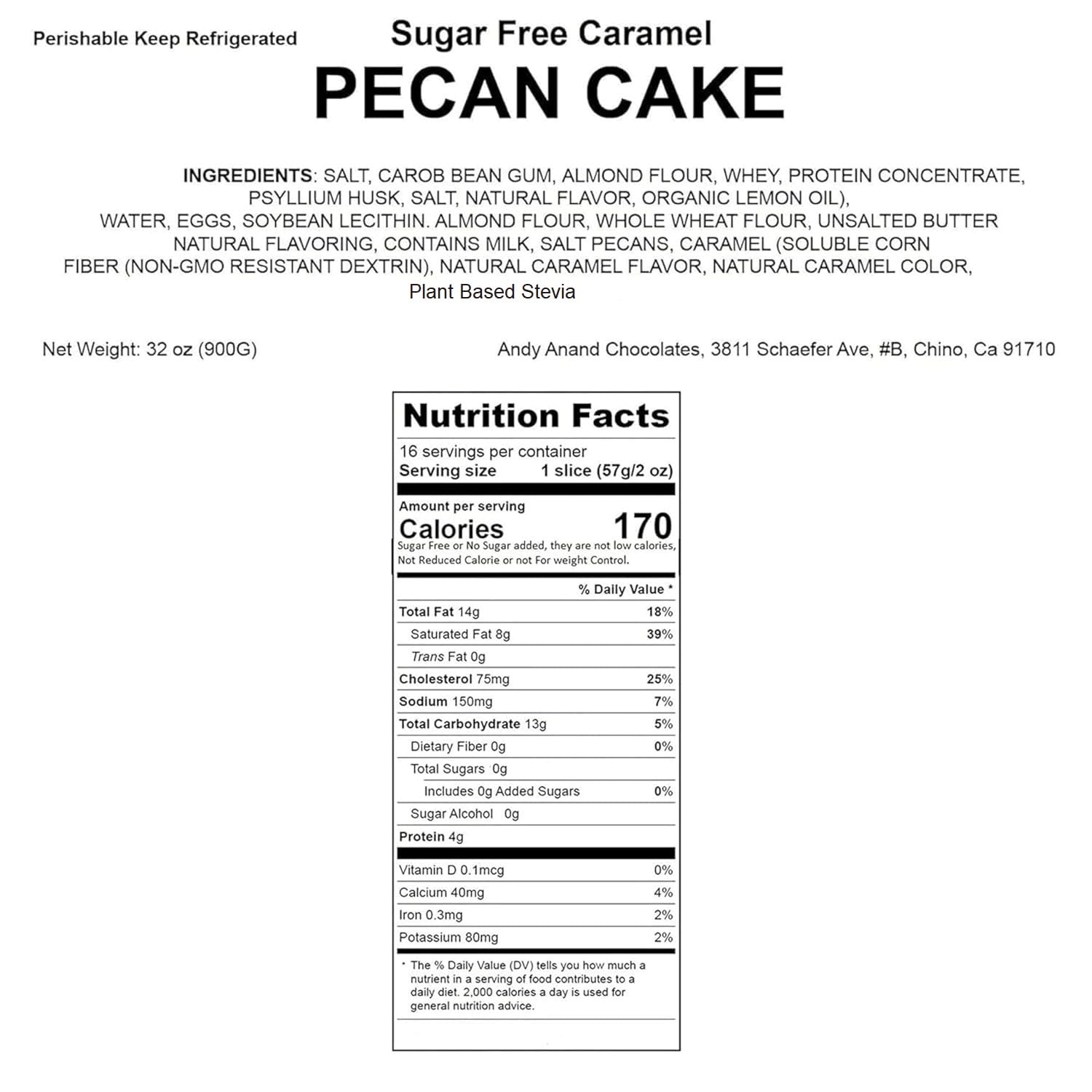 Andy Anand Sugar-Free Pecan Cake (9-inch, 2 lbs) | Sugar-Free & Keto Cake | Local SoCal Bakery
