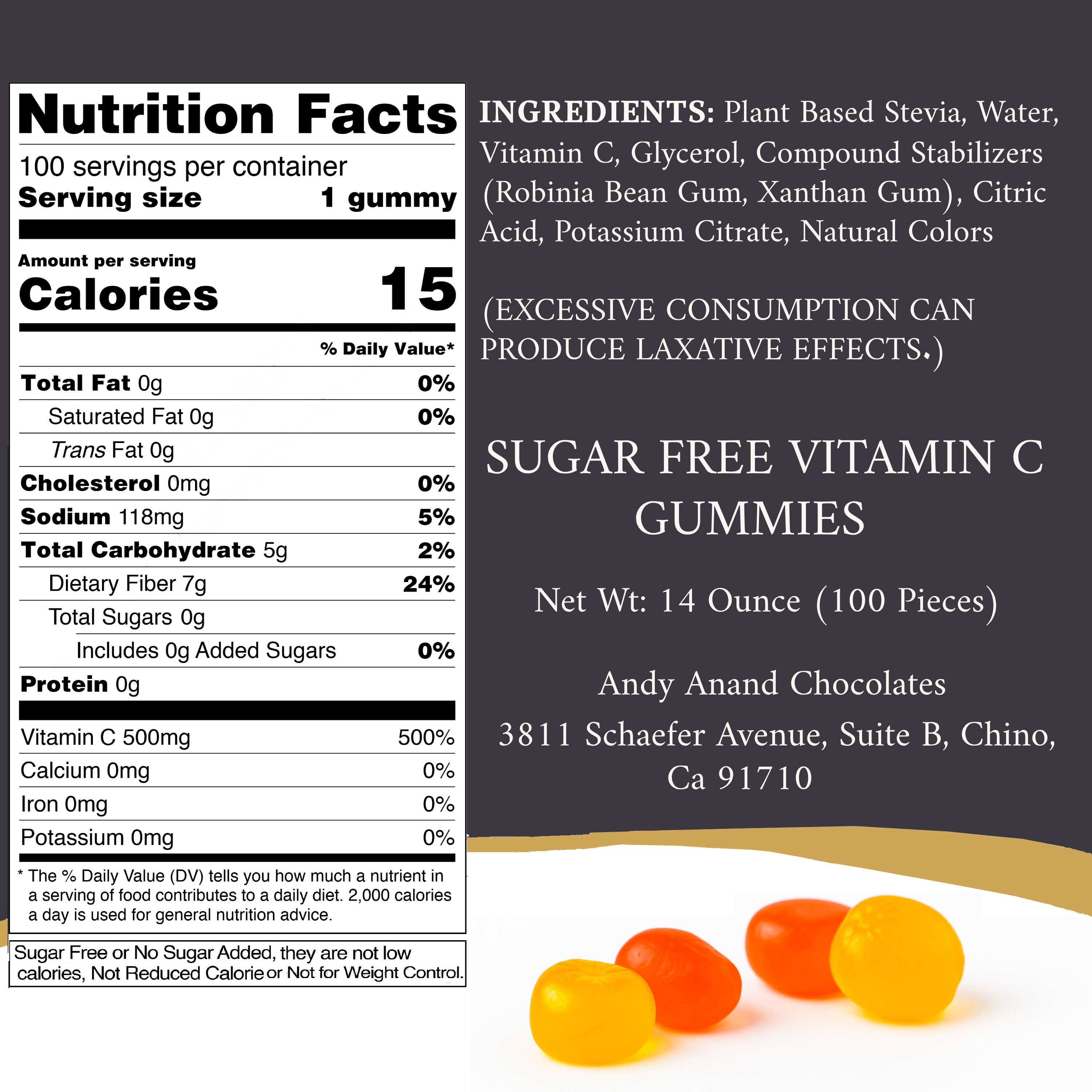 Andy Anand Sugar-Free Vitamin C Gummies (50 ct, 500mg) | Strawberry, Mango, Peach | Local SoCal Bakery