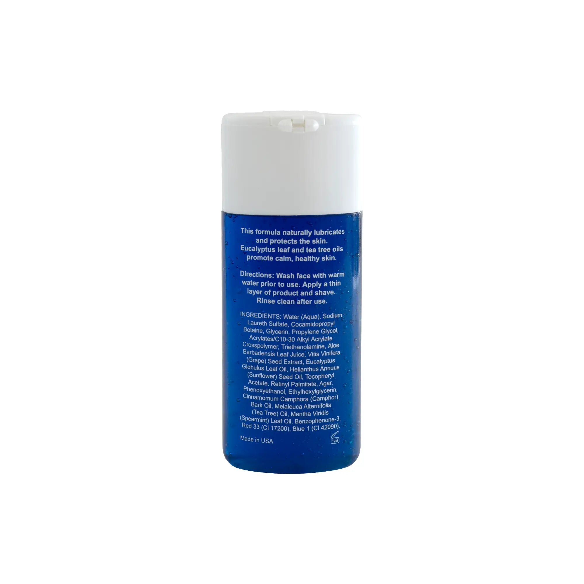 A blue shaving gel bottle with a white flip-top cap, showing ingredients and directions.