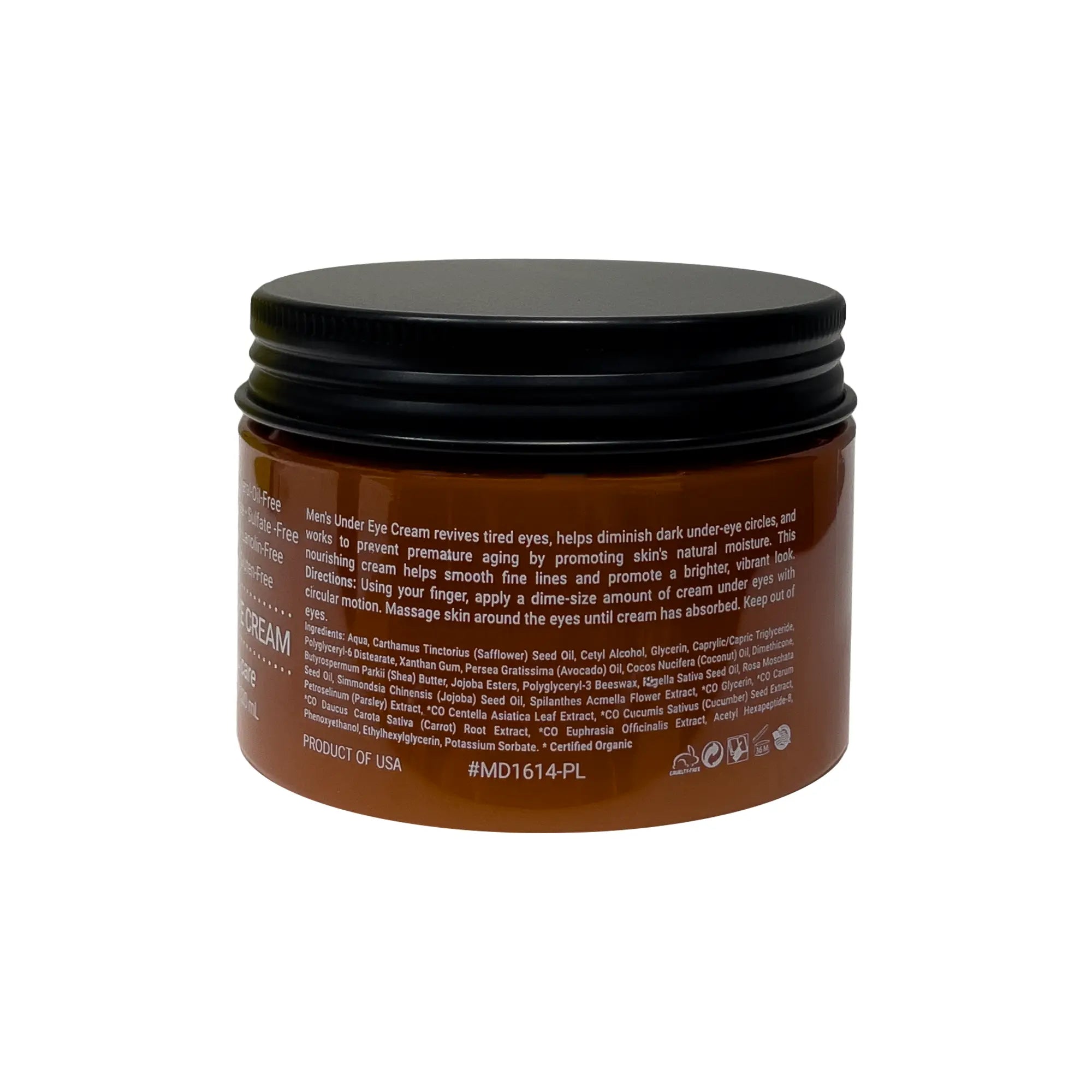 Men's Under Eye Cream in a brown jar with a black lid.