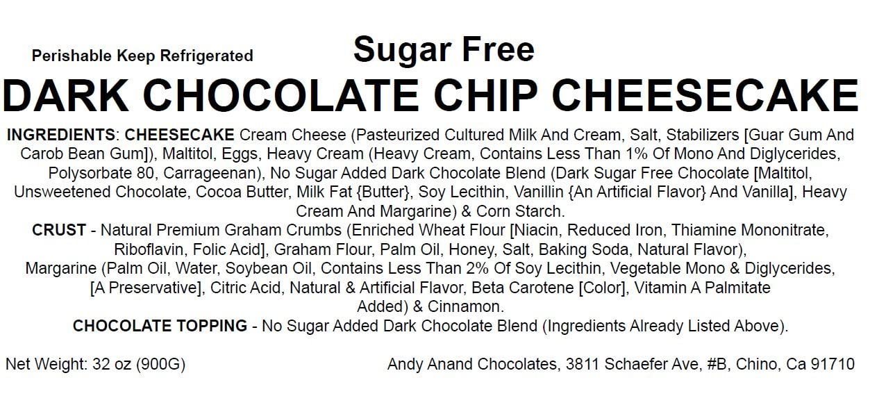 Andy Anand Sugar-Free Dark Chocolate Chip Cheesecake (9-inch, 2.8 lbs) | Sugar-Free & Keto Cheesecake | Local SoCal Bakery