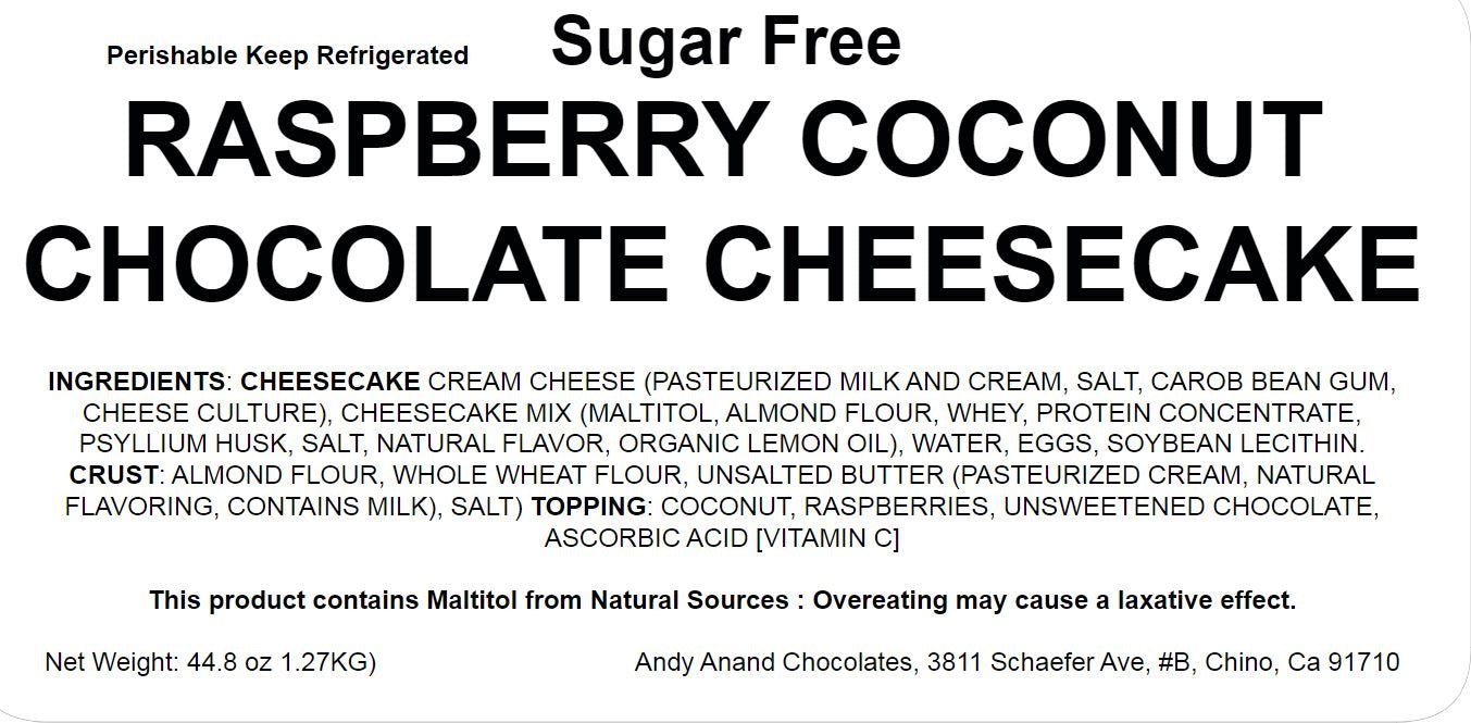 Andy Anand Sugar-Free Raspberry Coconut Chocolate Cheesecake with Truffles (9-inch, 2.8 lbs) | Sugar-Free & Keto Cheesecake | Local SoCal Bakery