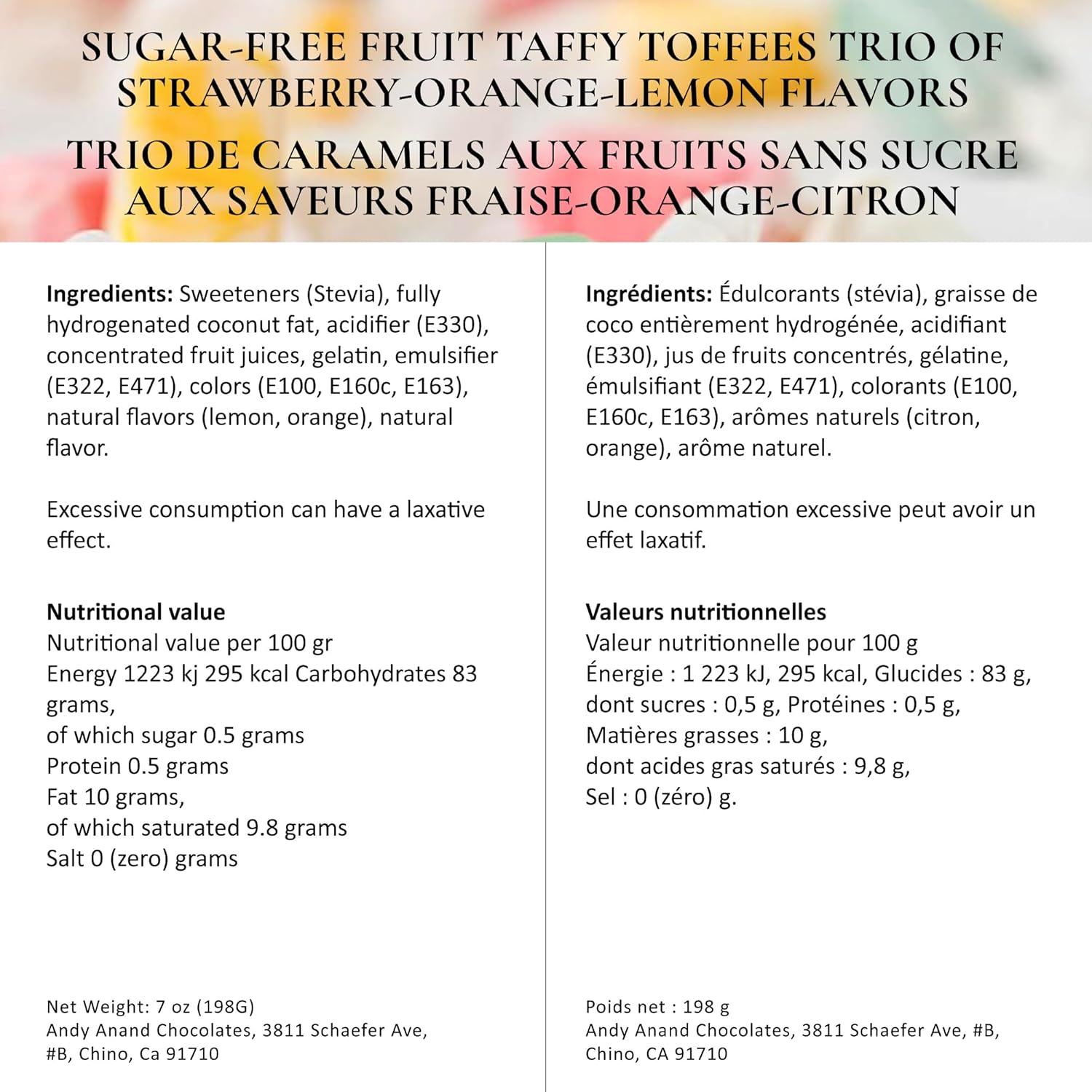 Andy Anand Sugar-Free European Fruit Taffy Toffees Trio (35 pc, 7 oz) | Strawberry, Orange, Lemon | Local SoCal Bakery