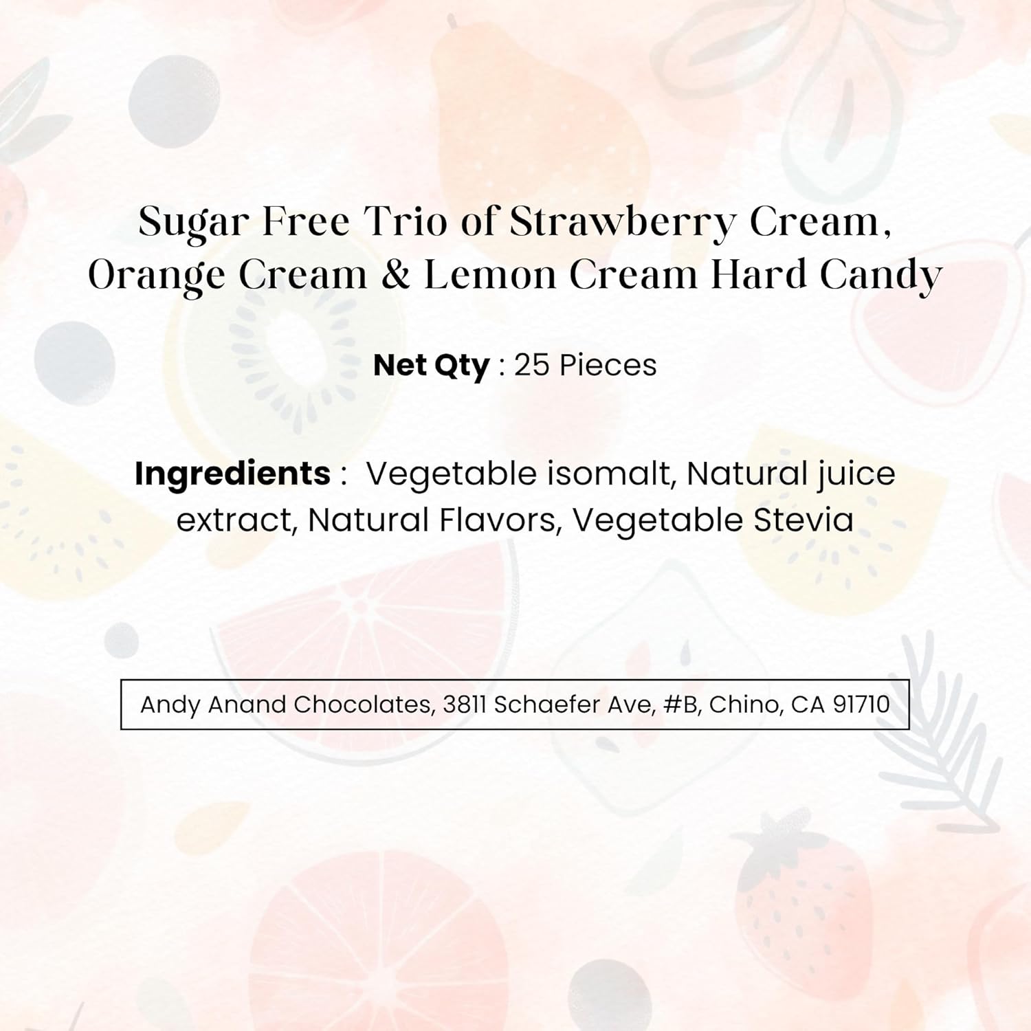 Andy Anand Sugar-Free Trio Hard Candy (Strawberry, Orange, Lemon, 25 pc) | Sugar-Free & Keto Candy | Local SoCal Bakery