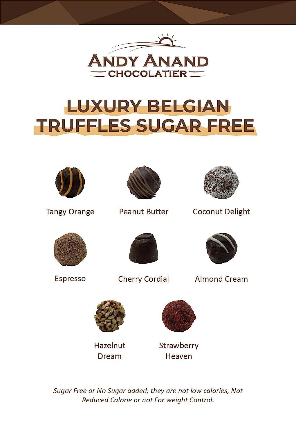 Andy Anand Sugar-Free Belgian Chocolate Truffles (24 pc, 60% Cocoa) | Espresso, Hazelnut, Strawberry, Coconut, Cherry, Orange | Local SoCal Chocolatier