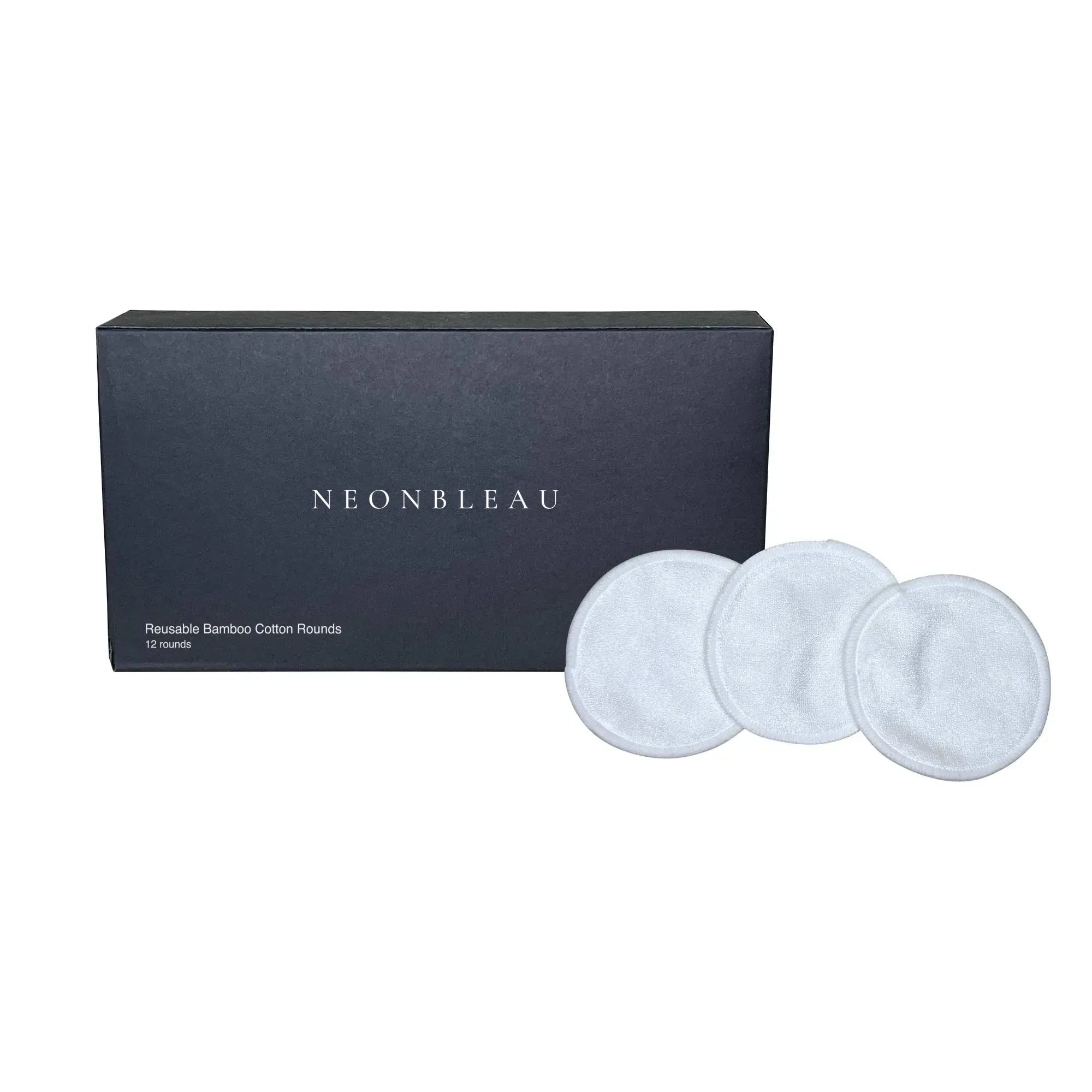 A black box with "NEONBLEAU" and "Reusable Bamboo Cotton Rounds" printed on it, next to three white cotton rounds.