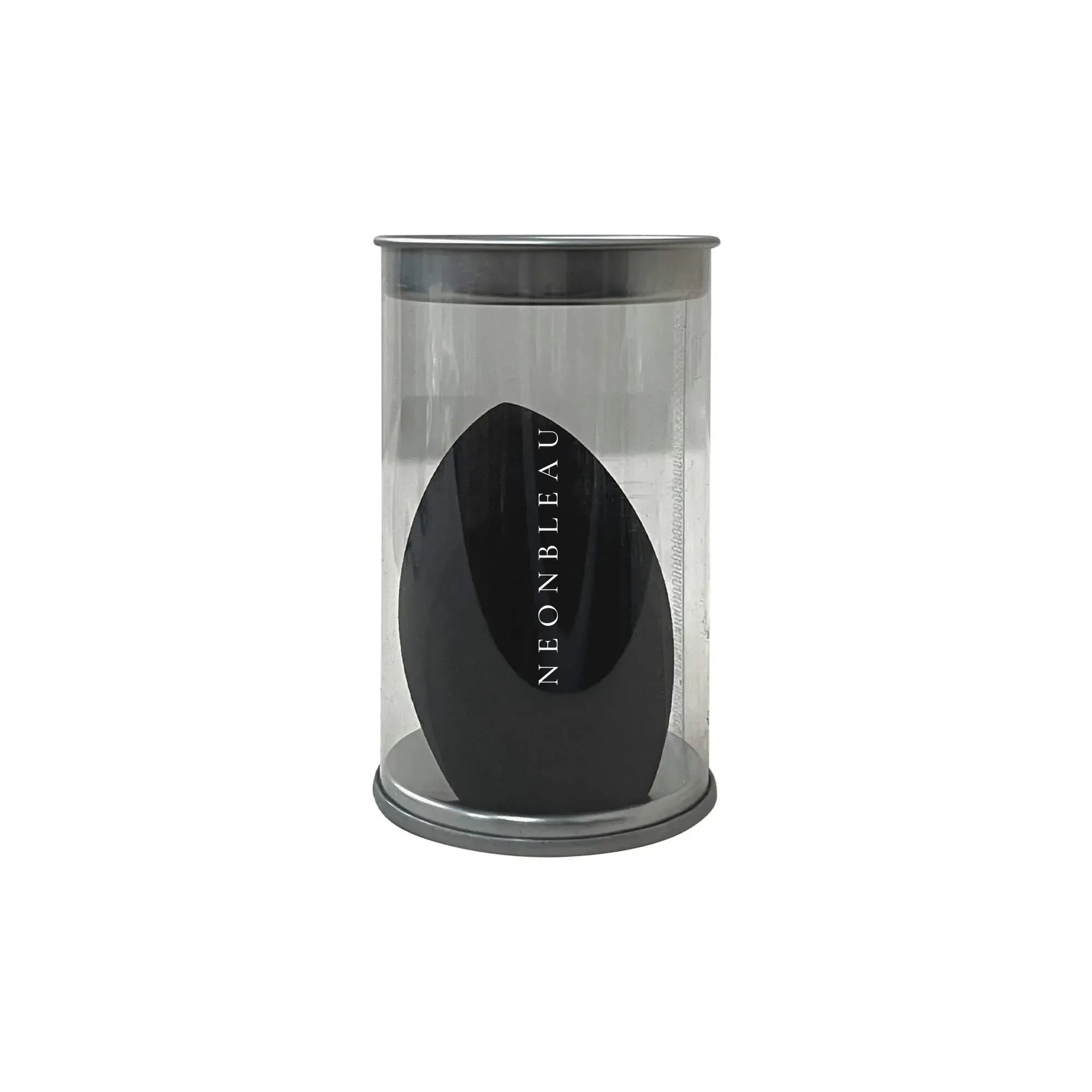 A black, teardrop-shaped makeup sponge is enclosed in a clear cylindrical case.