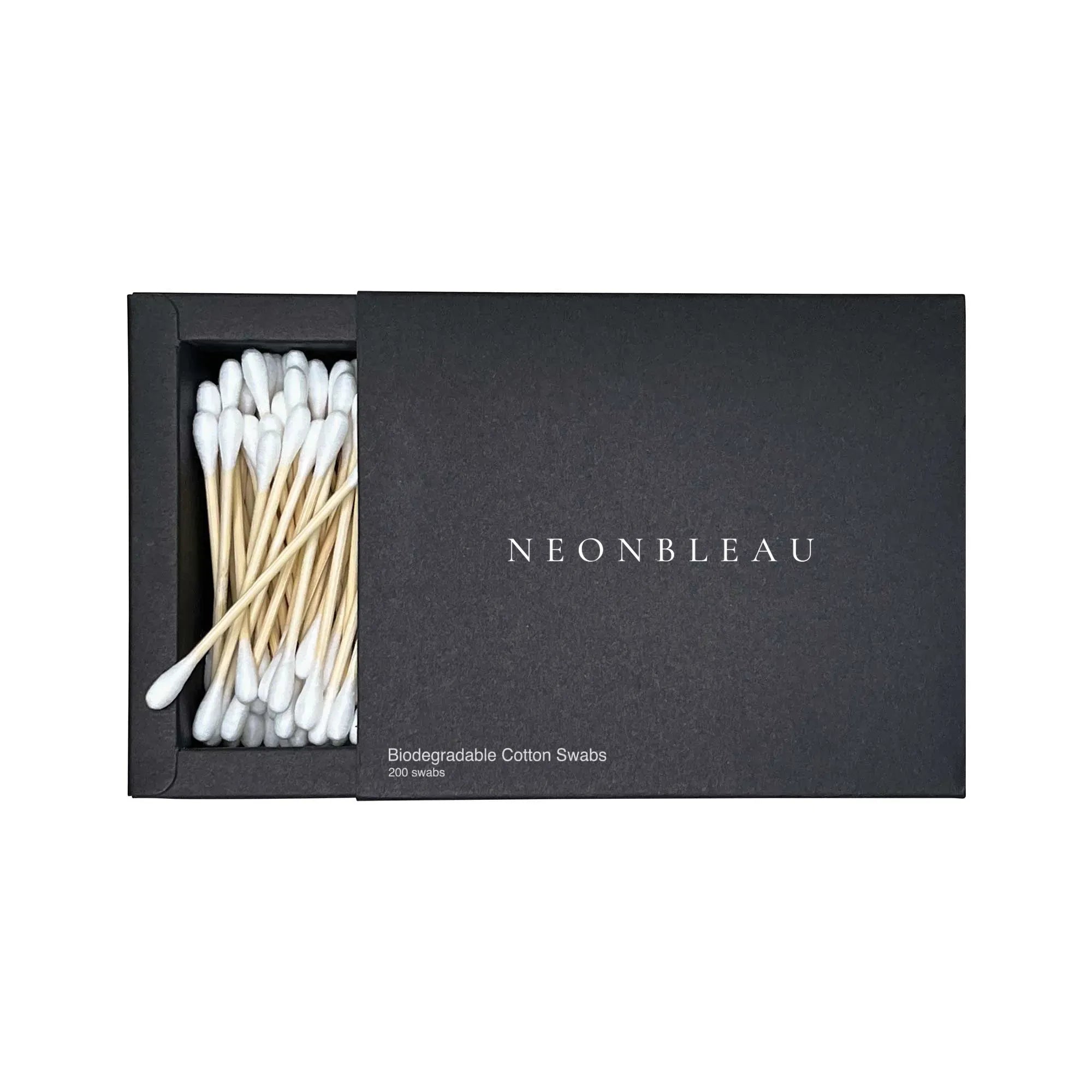 A black box of biodegradable cotton swabs with a partially open lid revealing the swabs inside.