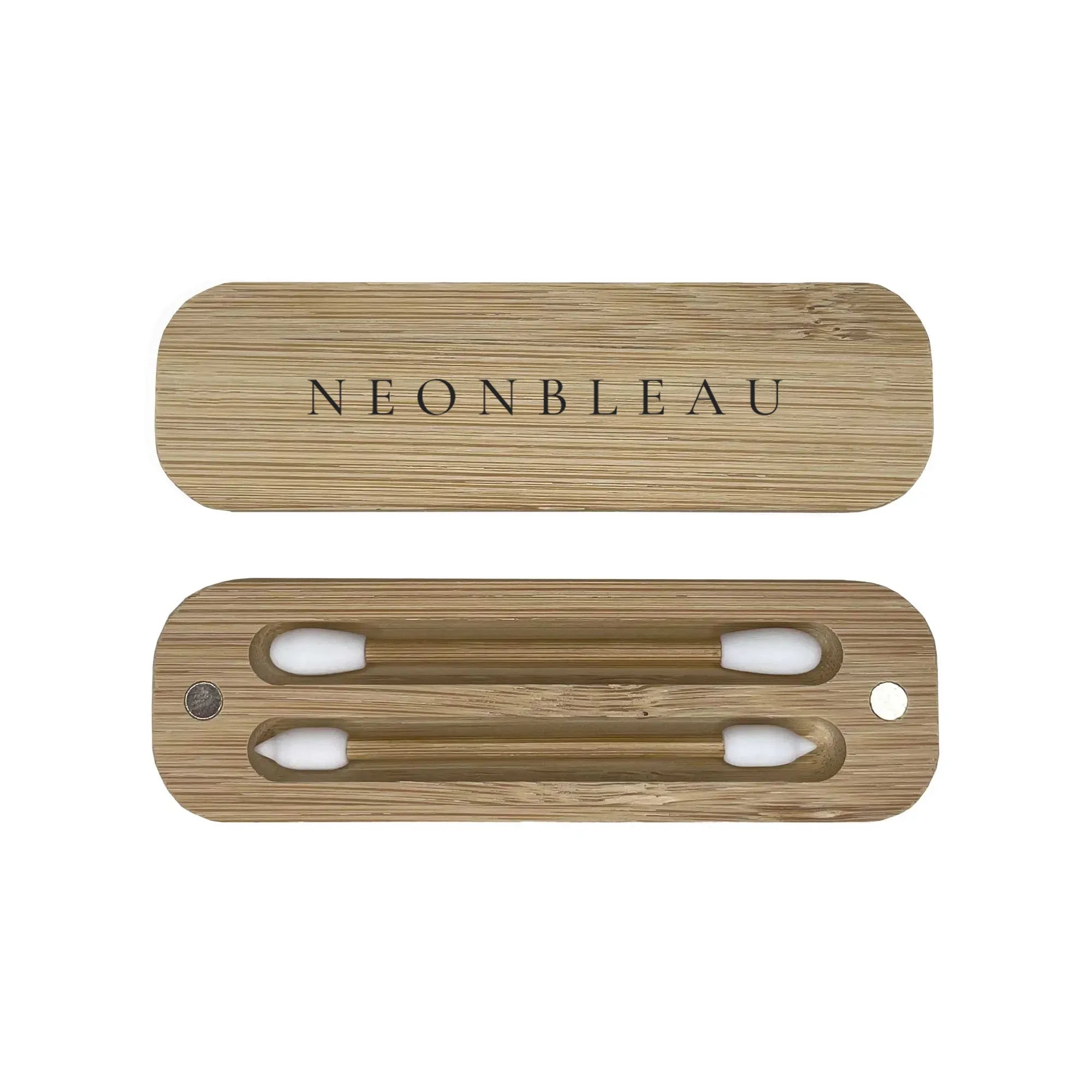 Two reusable makeup swabs with white silicone tips in a bamboo case.