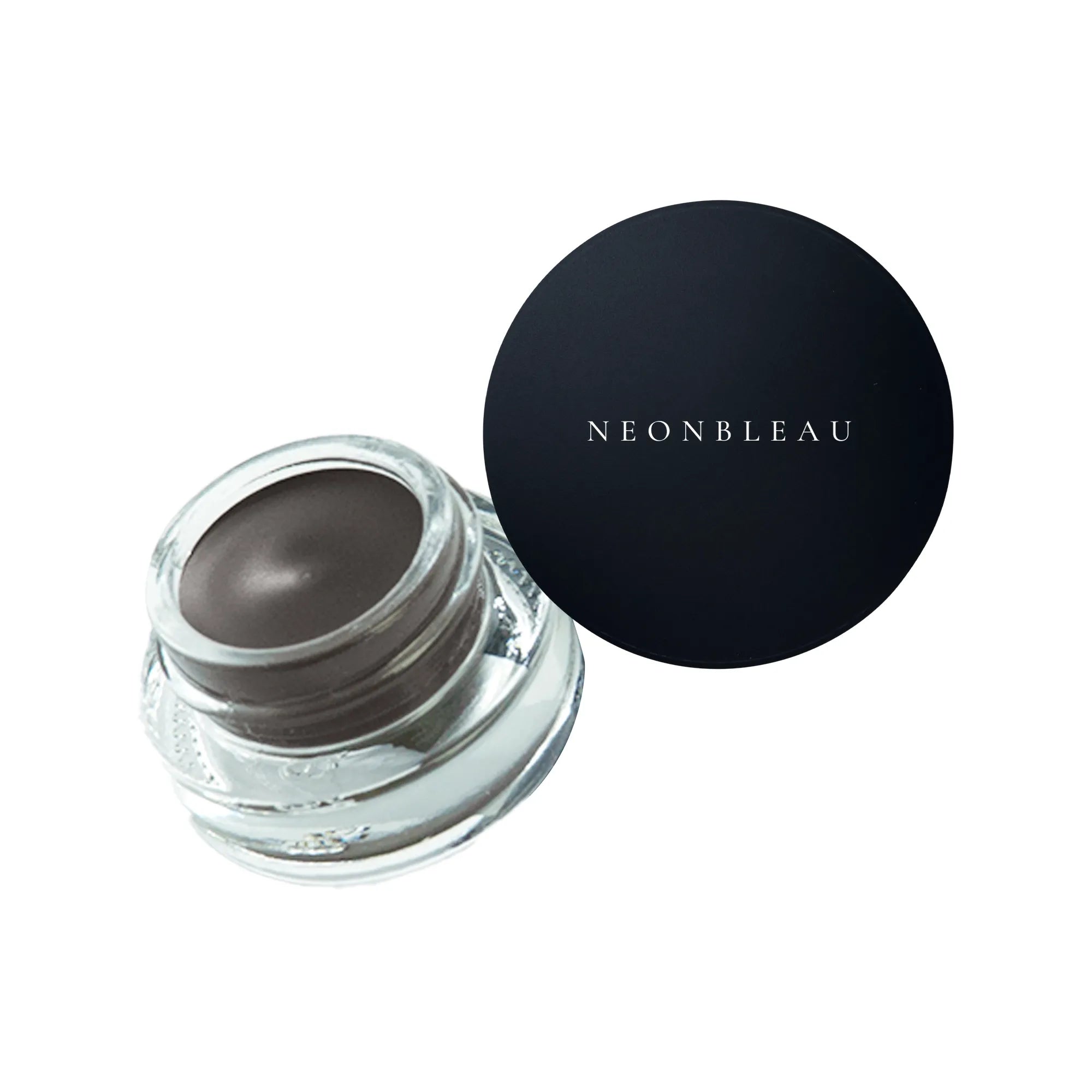 Deep brown brow pomade in a clear jar with a black lid.