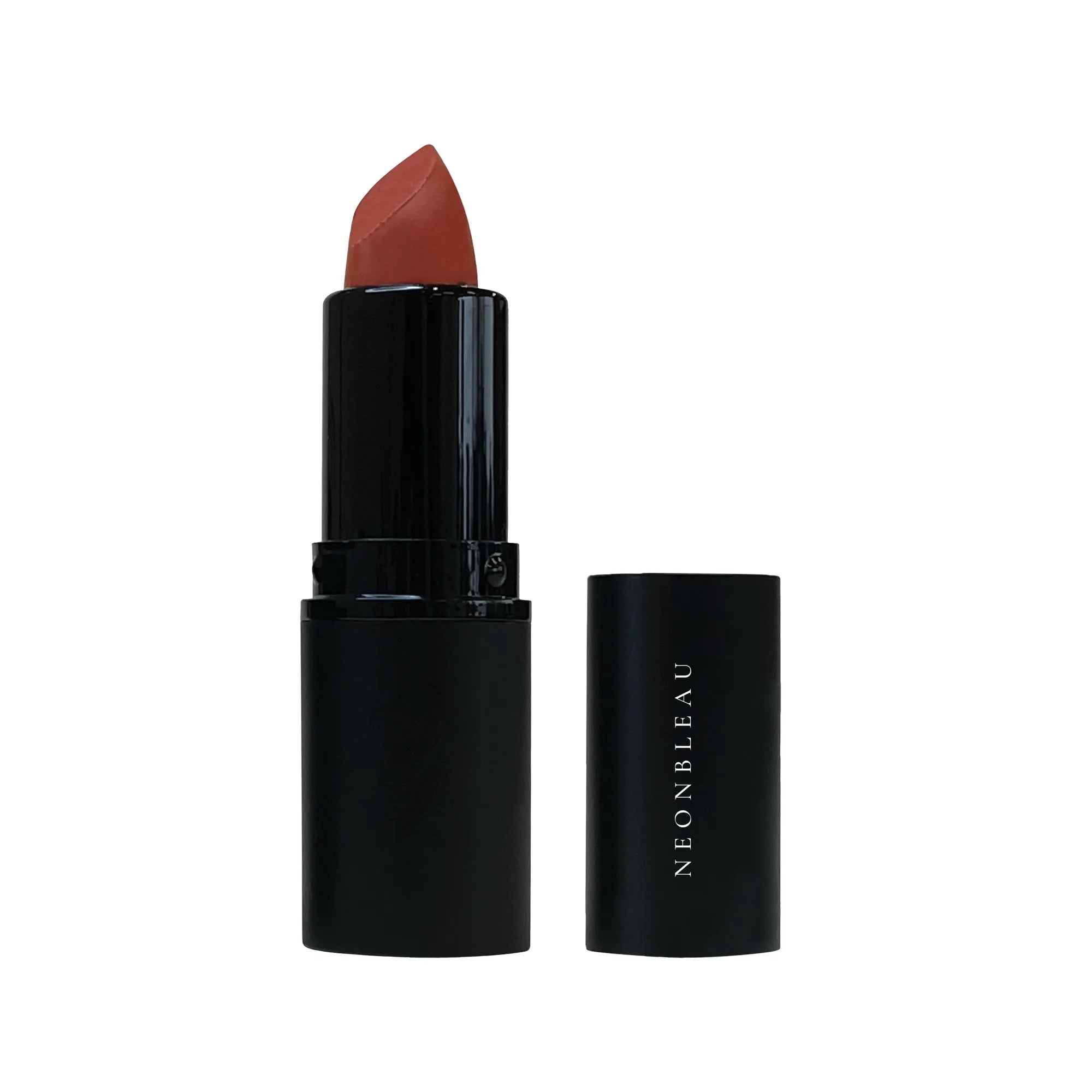 A plum wine lipstick in a black tube with the cap off, revealing the brand name.