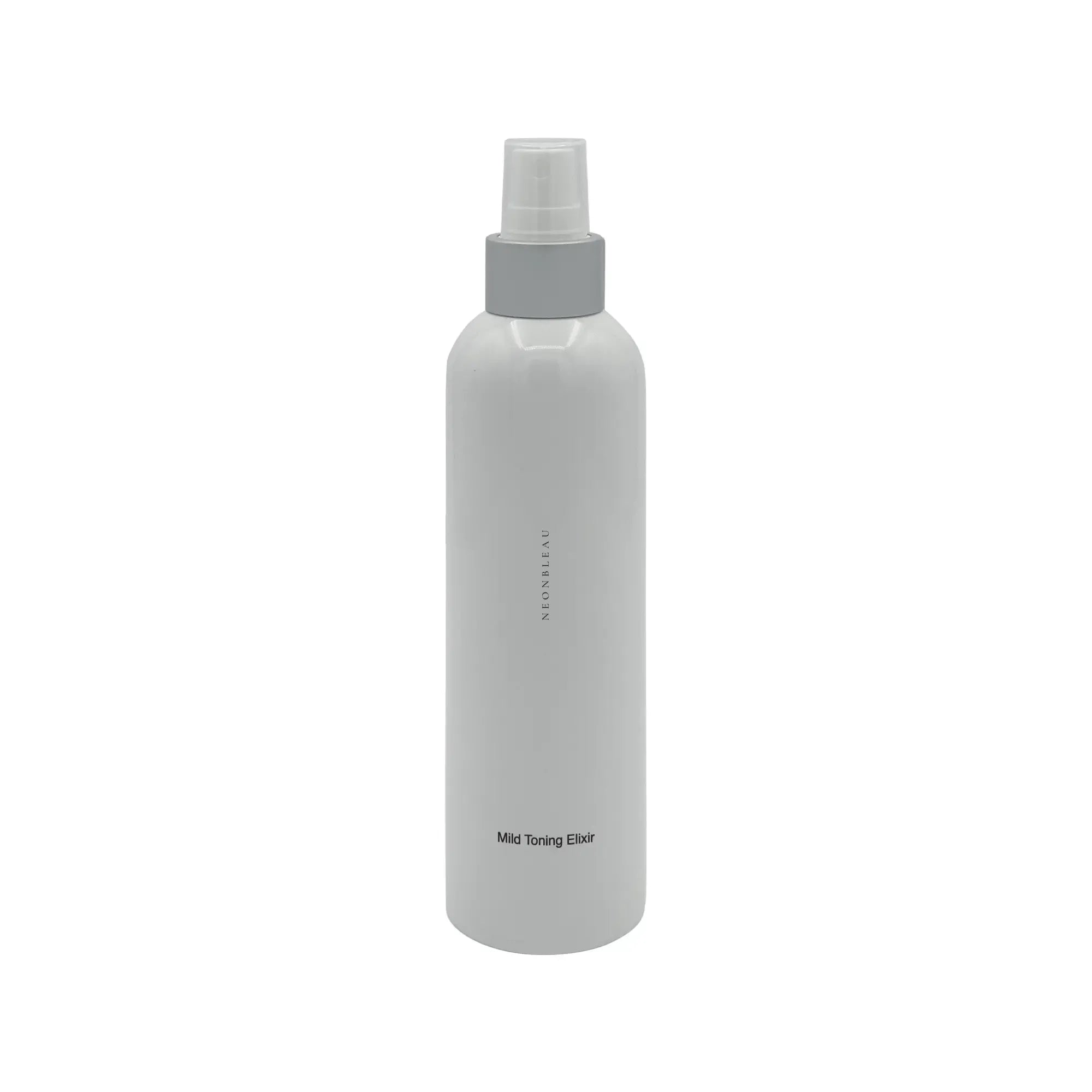 White spray bottle with a gray cap and "Mild Toning Elixir" printed on it.