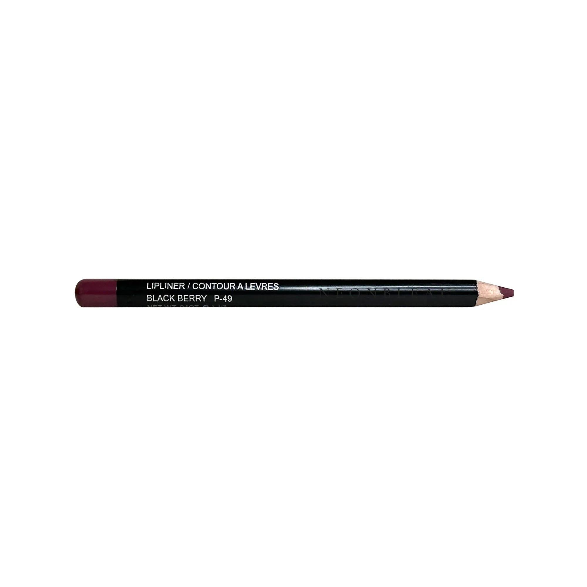 A black lip liner pencil with a dark berry tip and cap.