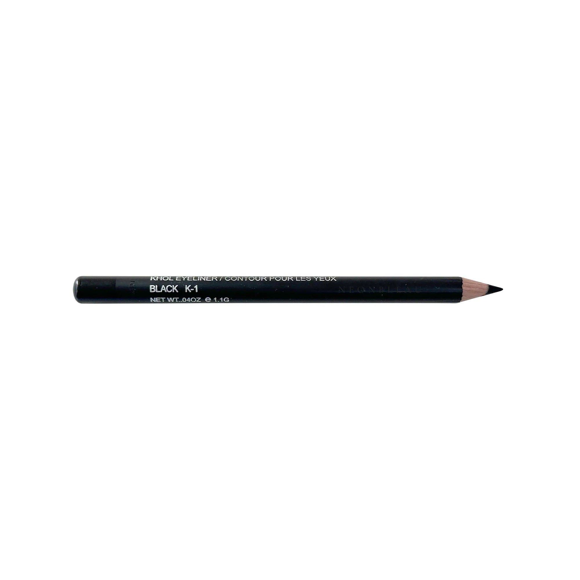 A sharpened black eyeliner pencil with "KHOL EYELINER" and "BLACK K-1" printed on it.