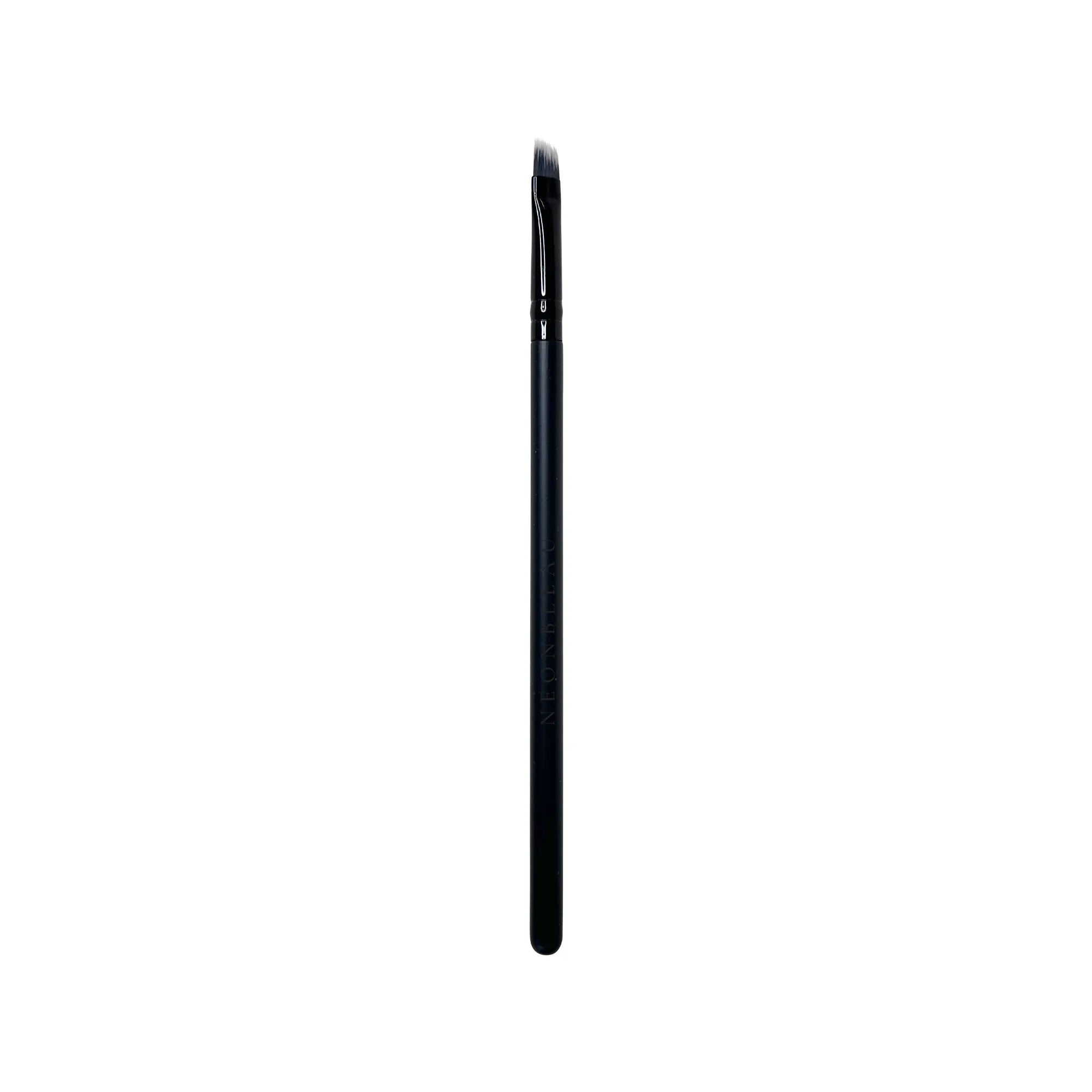 Black angled liner brush with a silver ferrule and white bristles.
