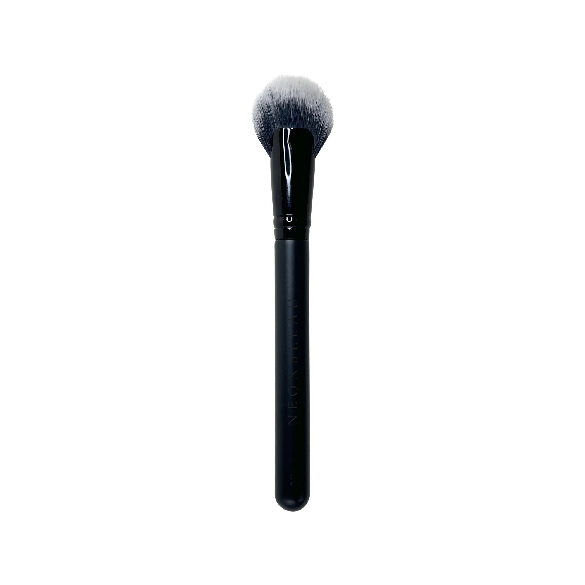Black cheek fan brush with white and black bristles.