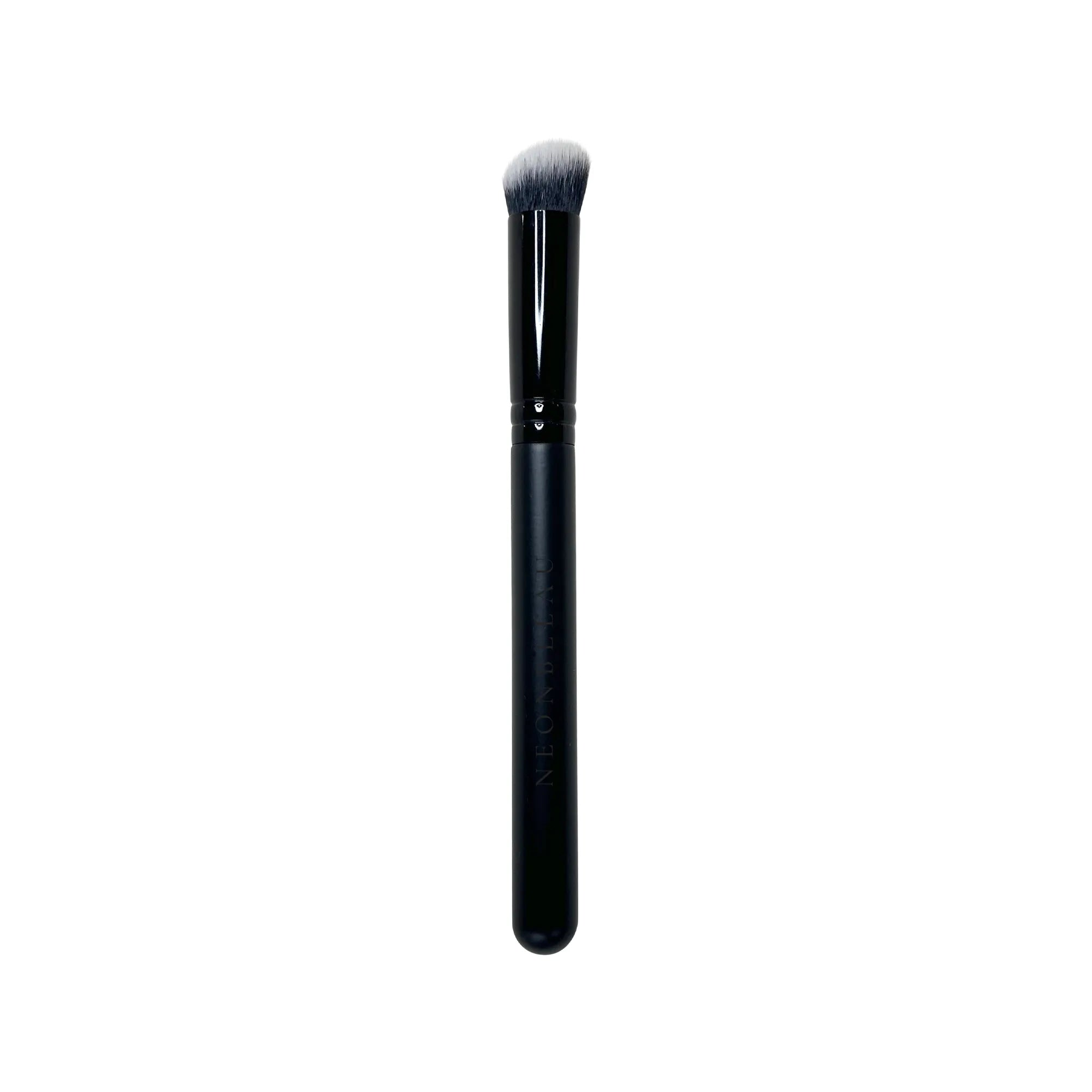 Large blurrer brush with black handle and white and black bristles.