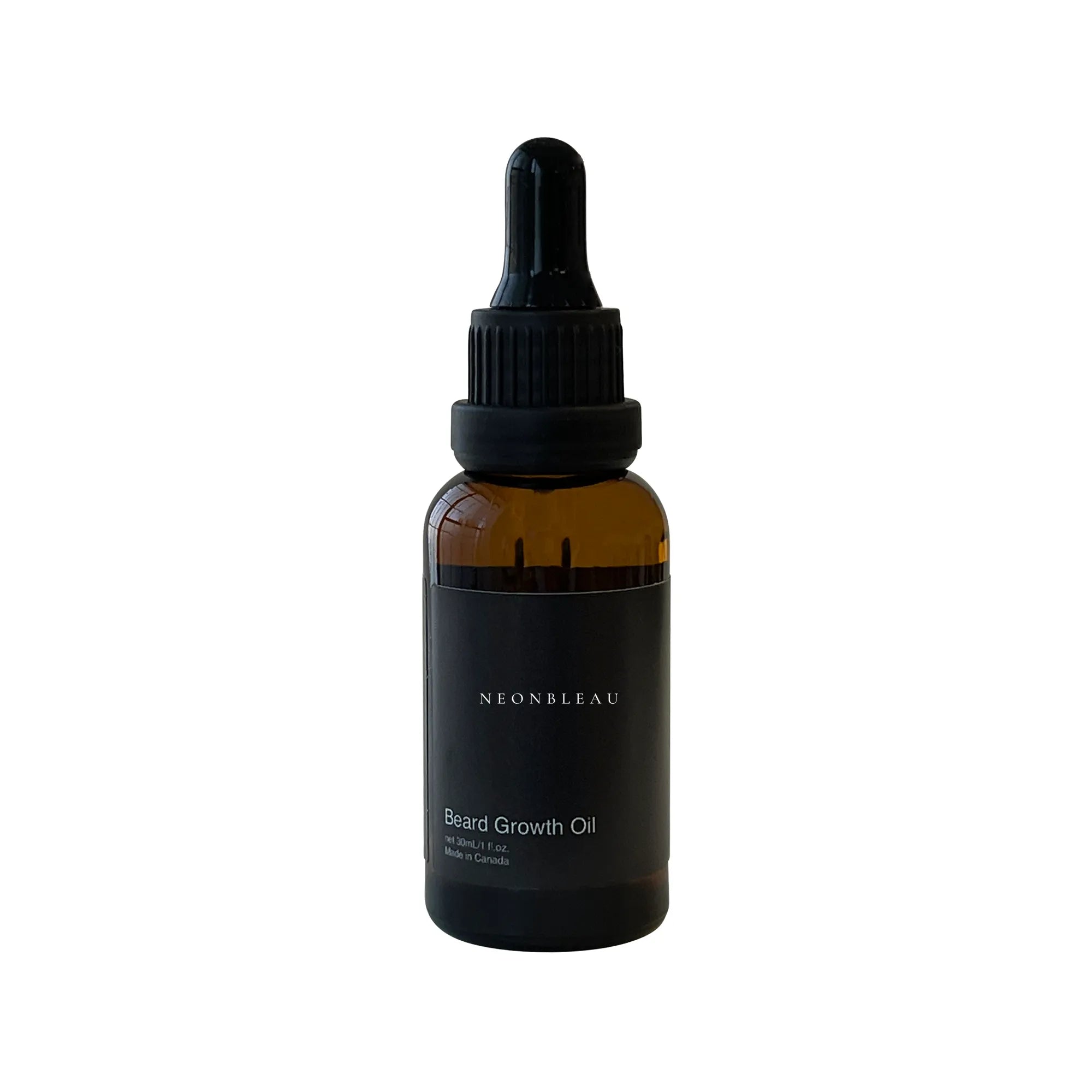 A dark amber glass bottle of NeonBleau Beard Growth Oil with a black dropper.