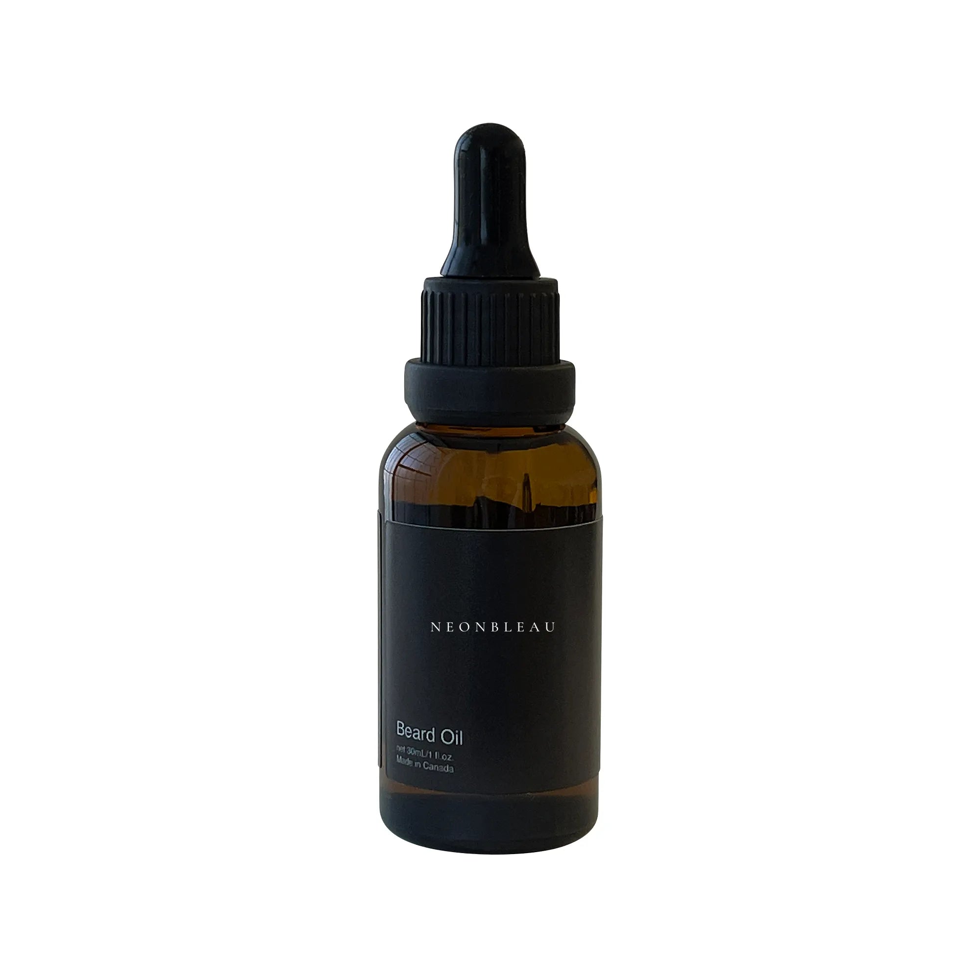 A dark amber glass bottle of NeonBleau Beard Oil with a black dropper cap.