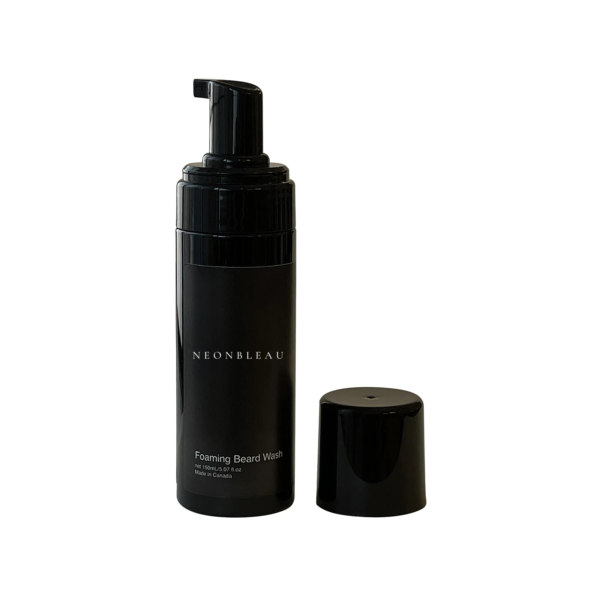 Black bottle of NeonBleau Foaming Beard Wash with its cap off to the right.