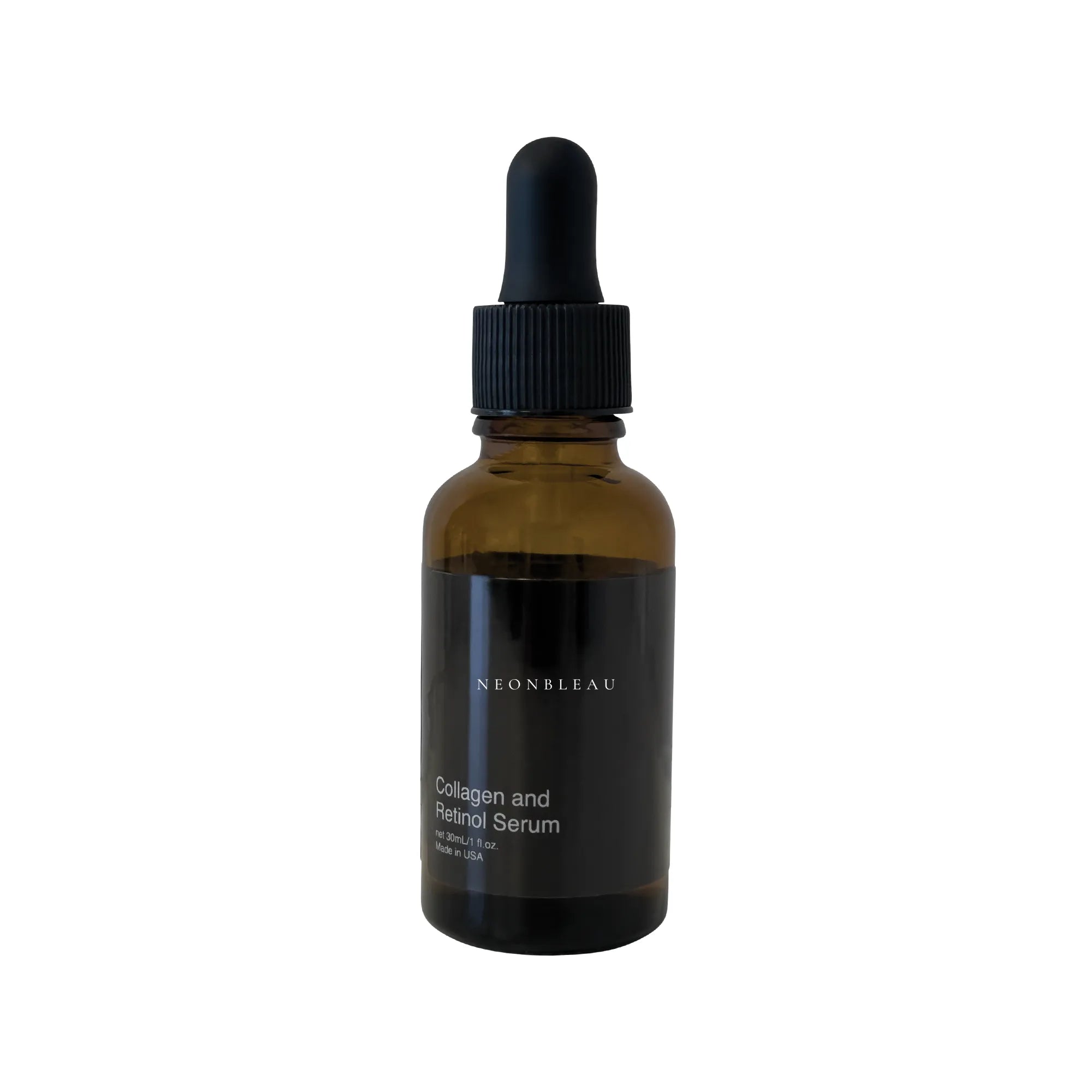 A brown glass dropper bottle of NeonBleau Collagen and Retinol Serum.