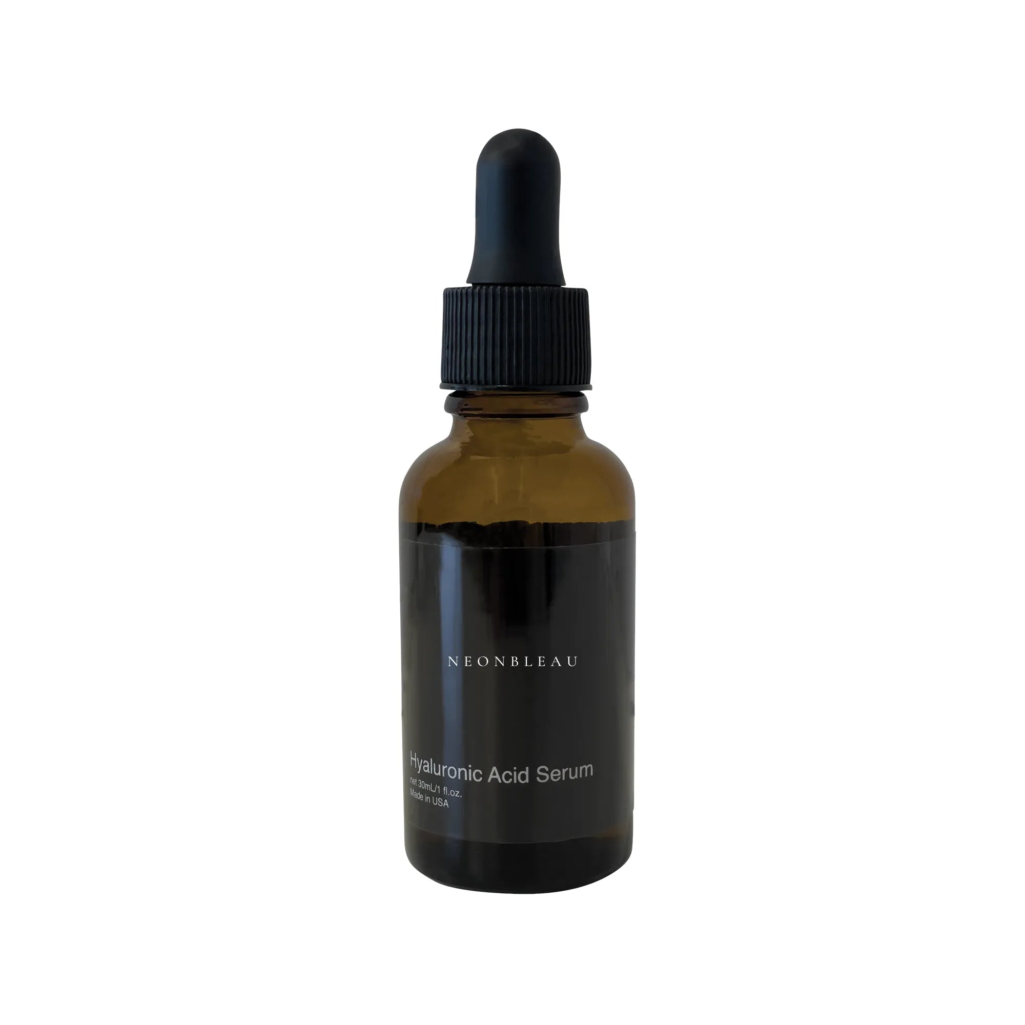 A brown glass dropper bottle of NeonBleau Hyaluronic Acid Serum.