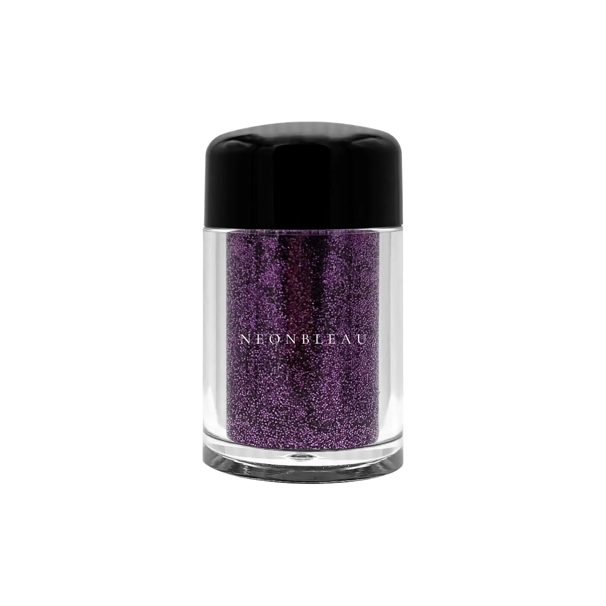 A clear jar with a black lid contains purple glitter dust labeled "NEONBLEAU".