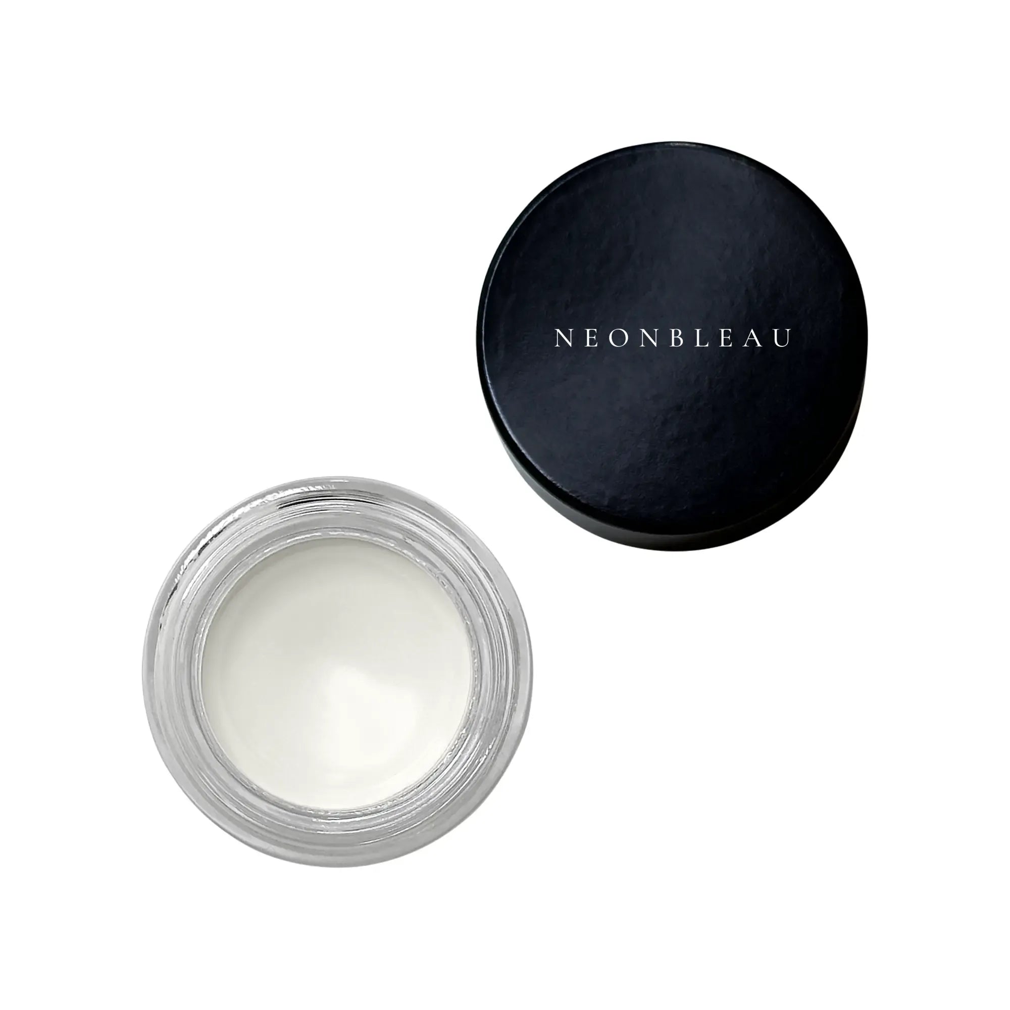Open white gel eyeliner pot with a black lid featuring "NEONBLEAU" in white text.