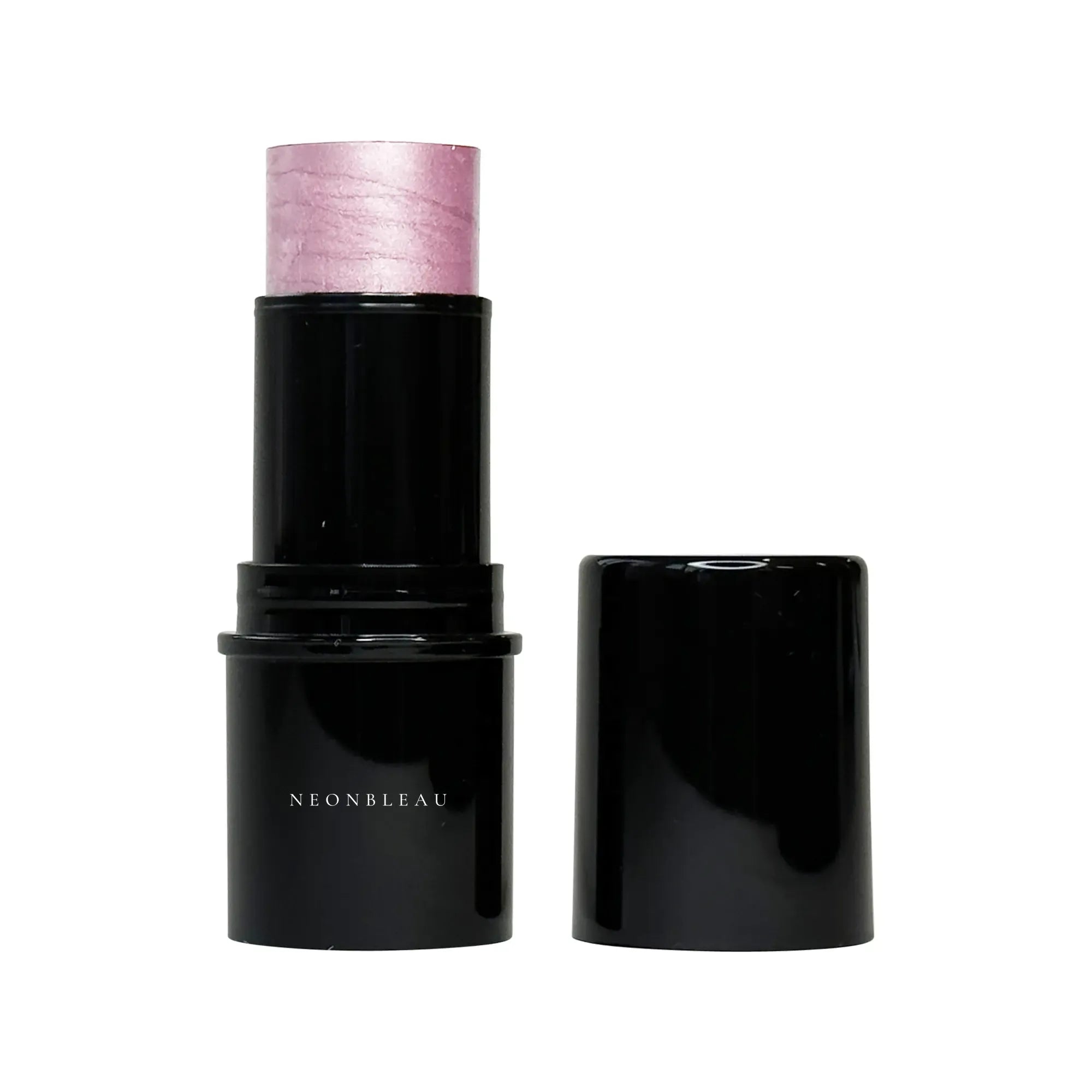 A black highlighter stick with a shimmery pink product extended, next to its cap.