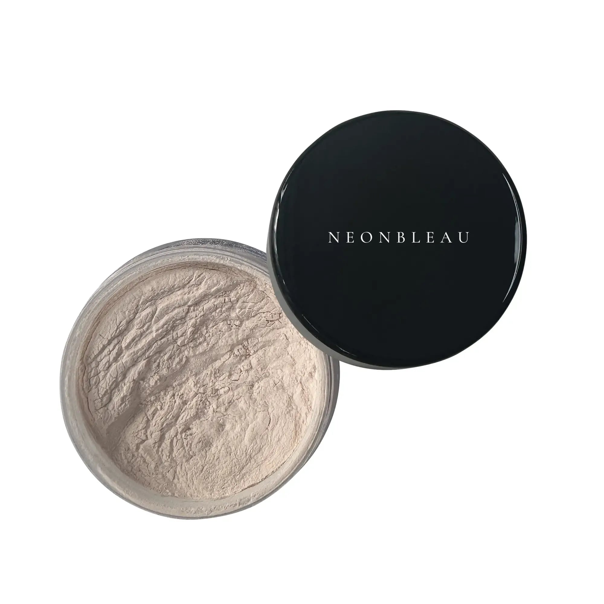 Open jar of NEONBLEAU finishing powder with a black lid.