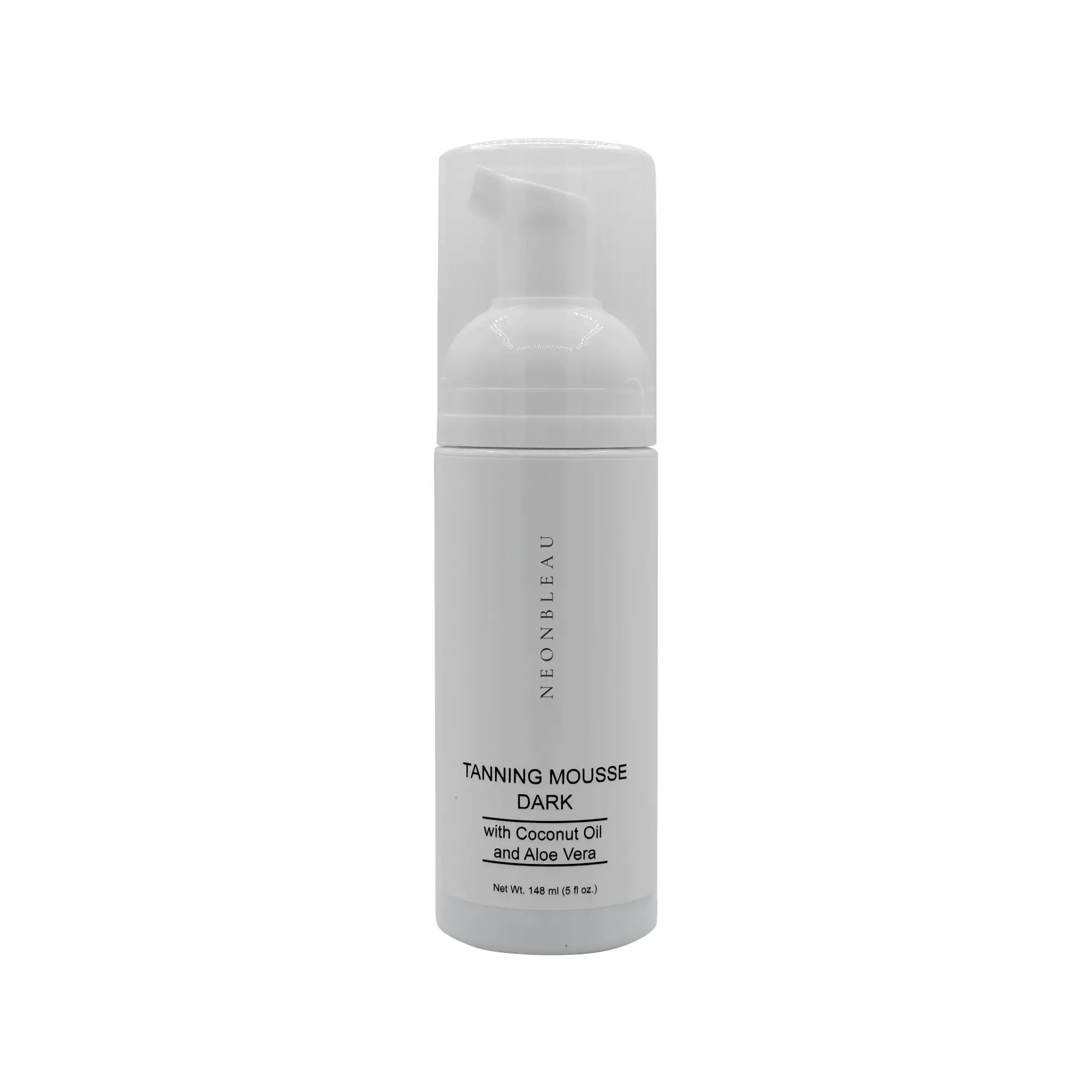 White bottle of NeonBleau Tanning Mousse Dark with coconut oil and aloe vera.