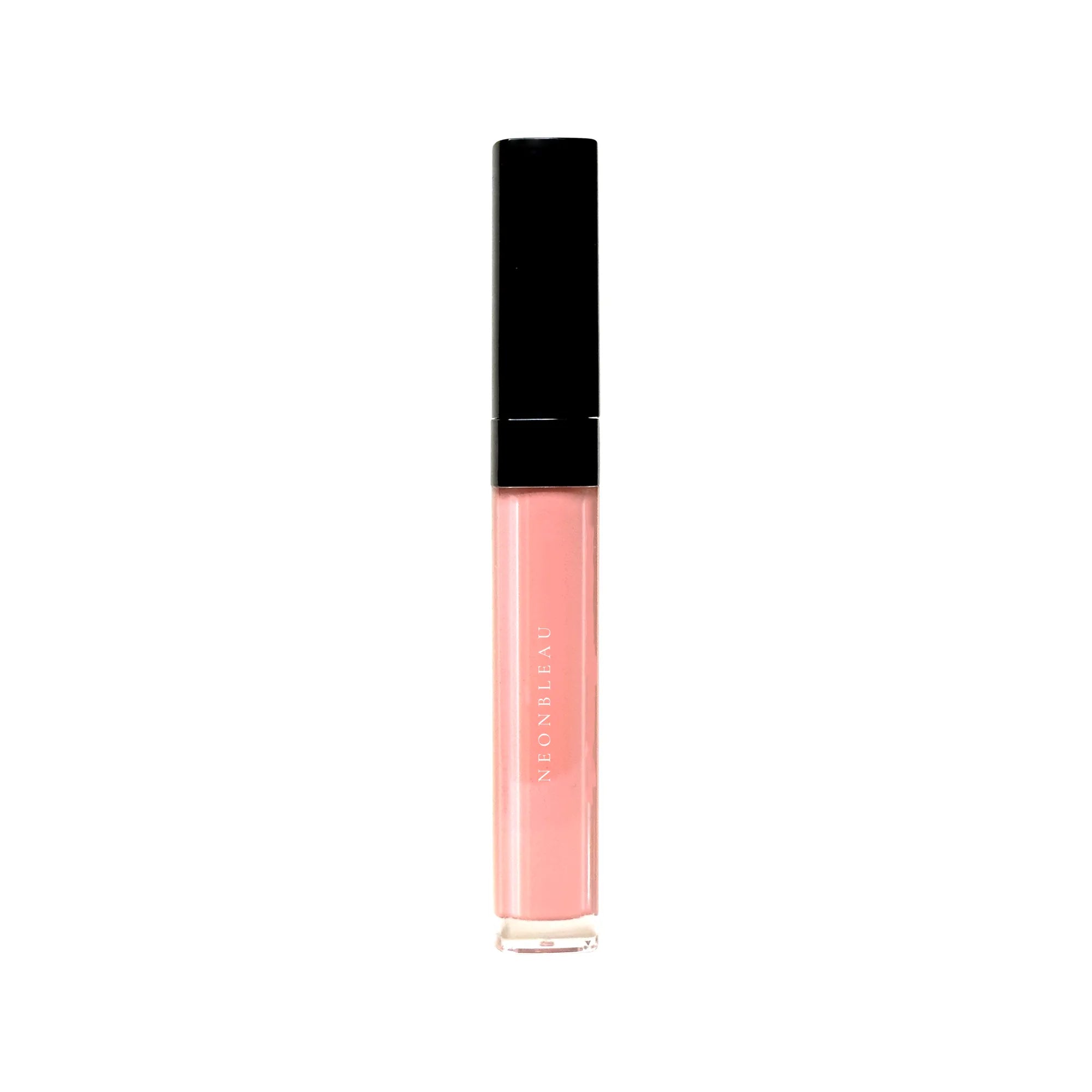 A tube of light pink lip oil with a black cap.