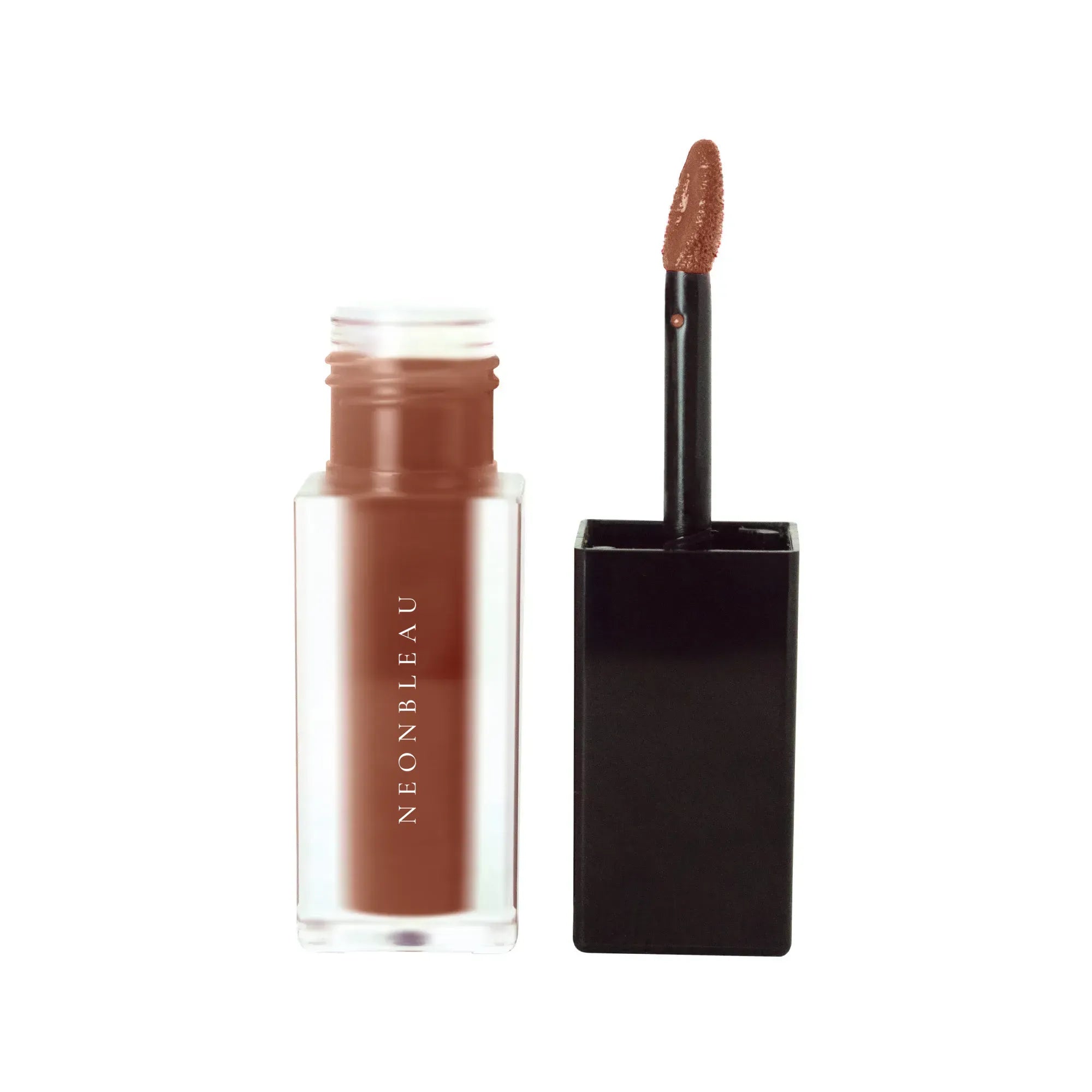 An open tube of matte lip stain in Cocoa Kiss with its applicator.