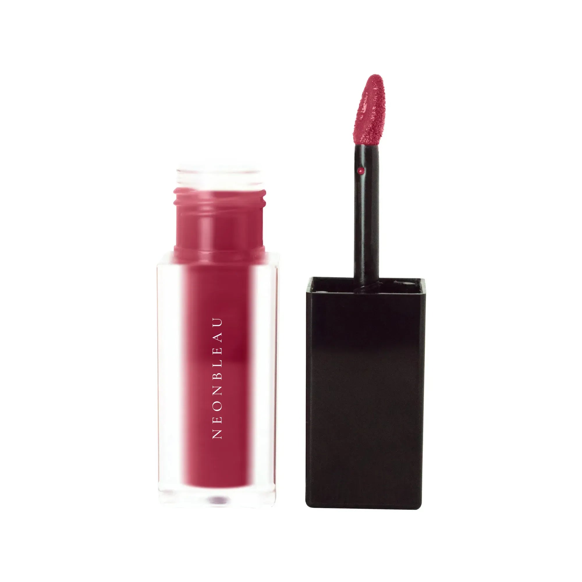An open tube of deep burgundy matte lip stain with its applicator.