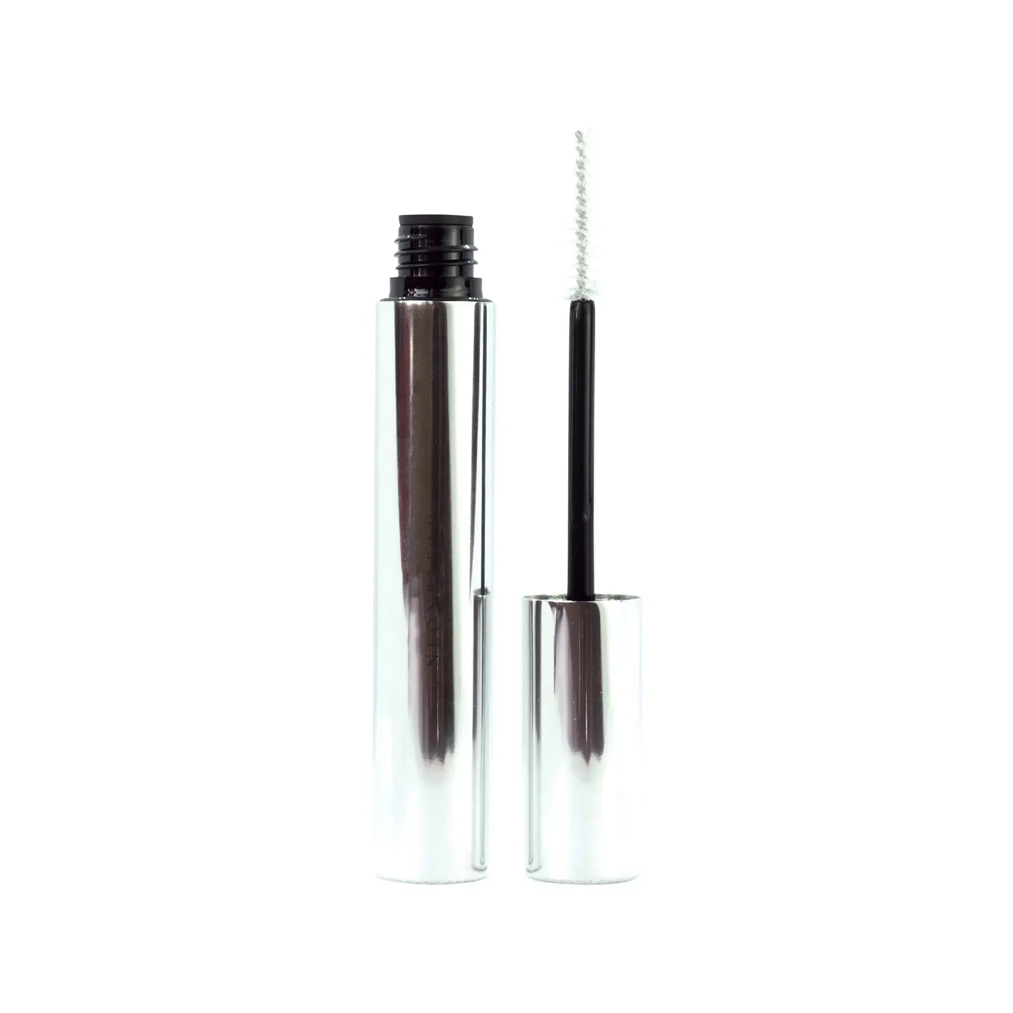 Clear eyebrow gel with an applicator brush, standing upright against a white background.