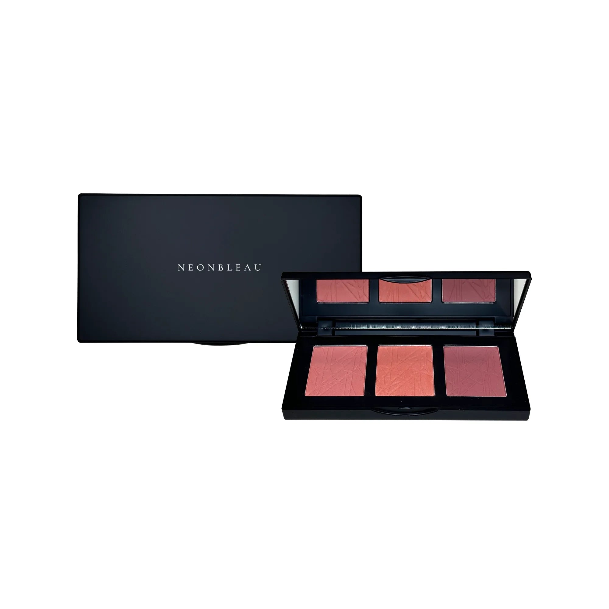 A black blush palette with three shades of pink and peach, one closed and one open.