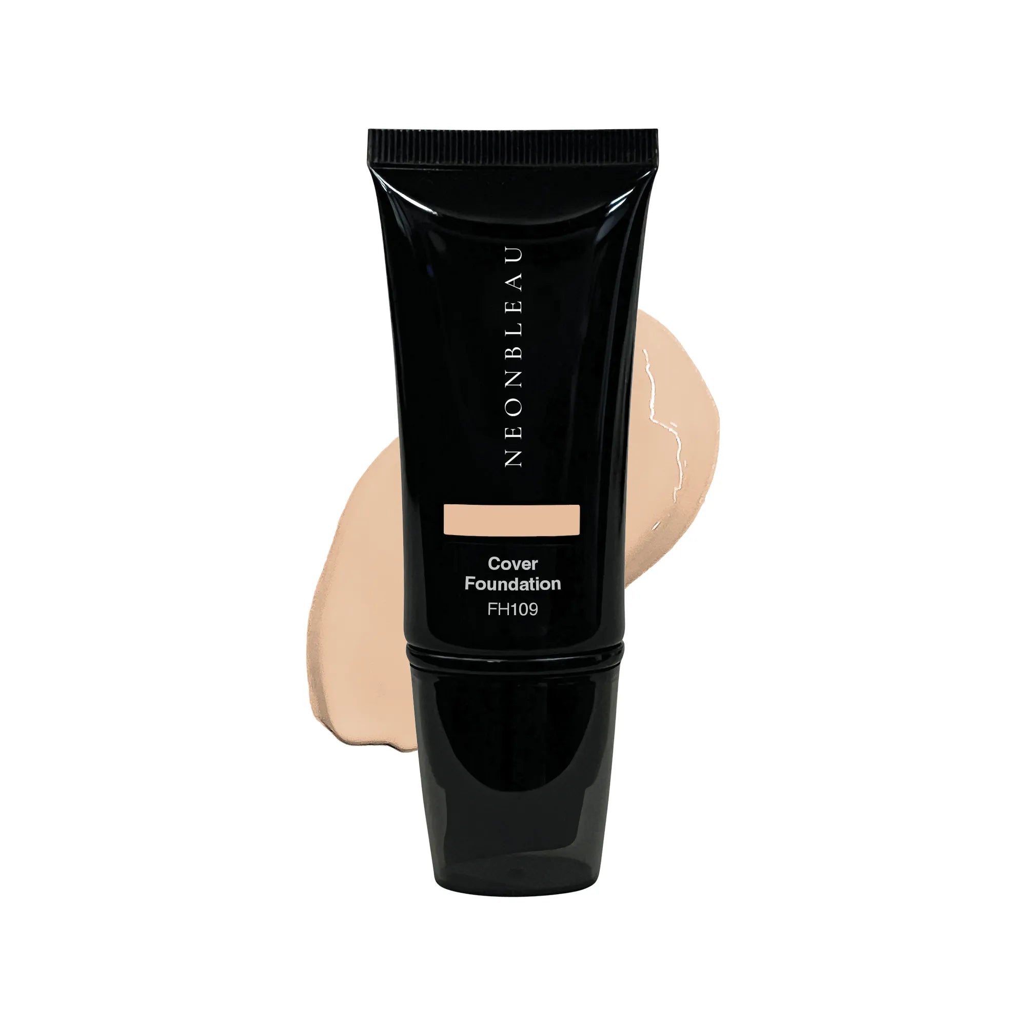 A black tube of Neonbleau Cover Foundation FH109 with a swatch of light beige foundation.