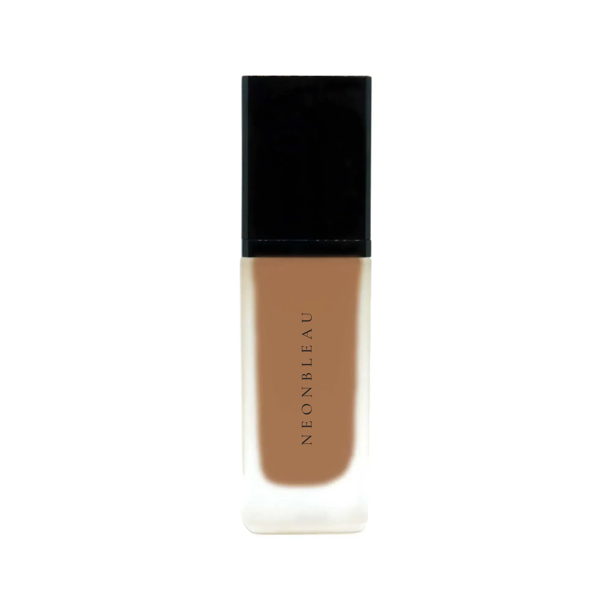 A rectangular bottle of Bronze Night foundation with a black cap.