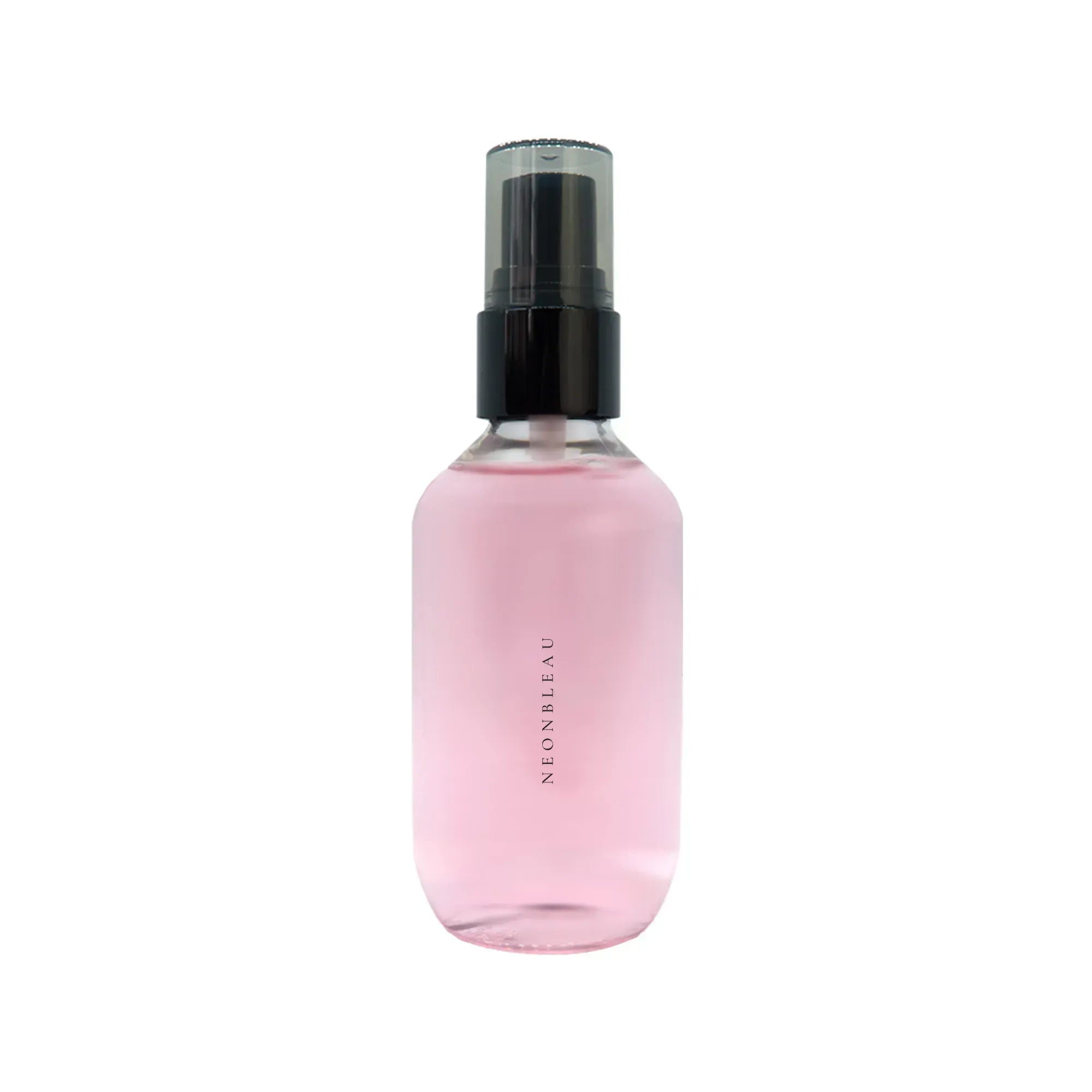 A pink liquid in a clear bottle with a black and clear spray top.