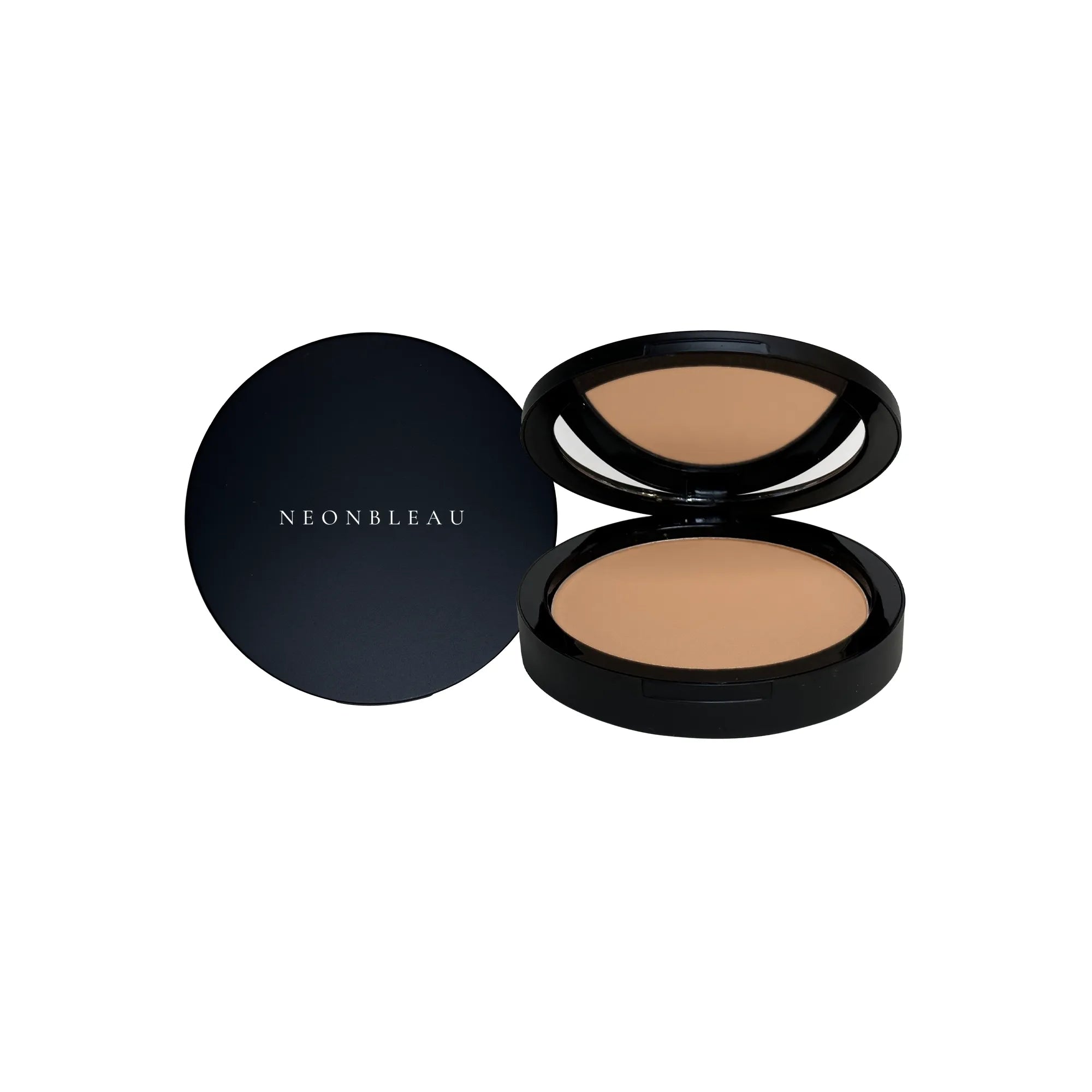A black compact of Dual Blend Powder Foundation in Mesa, with the lid open to reveal a mirror.