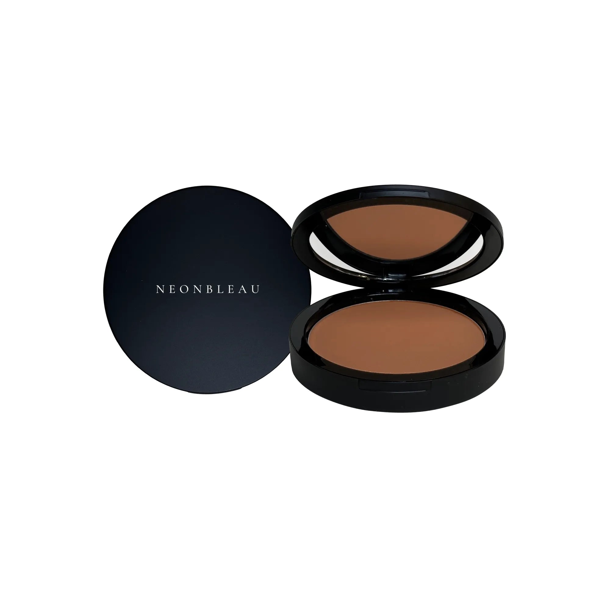 An open and closed compact of NeonBleau Dual Blend Powder Foundation in Walnut.